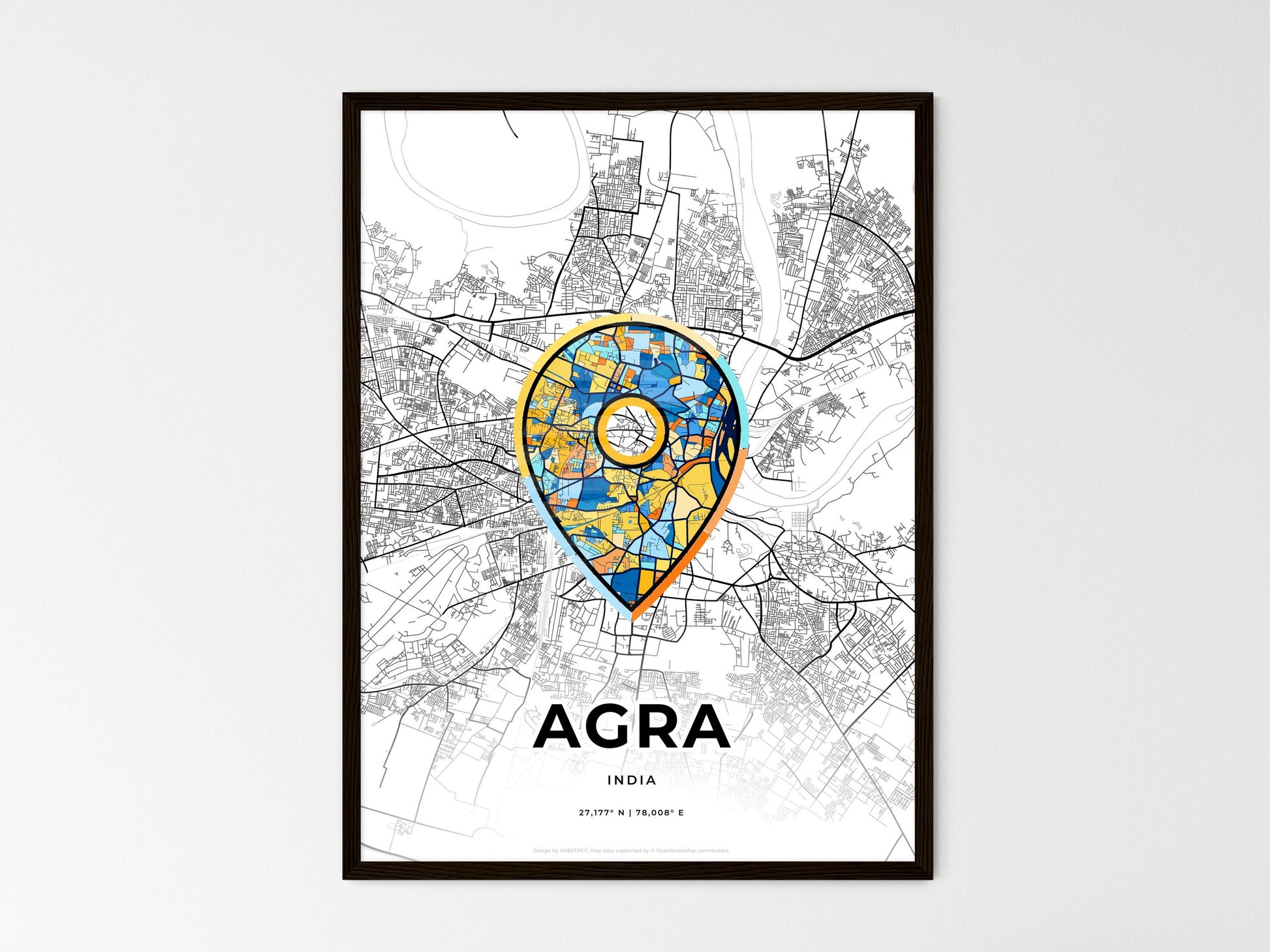 AGRA INDIA minimal art map with a colorful icon. Where it all began, Couple map gift. Style 1