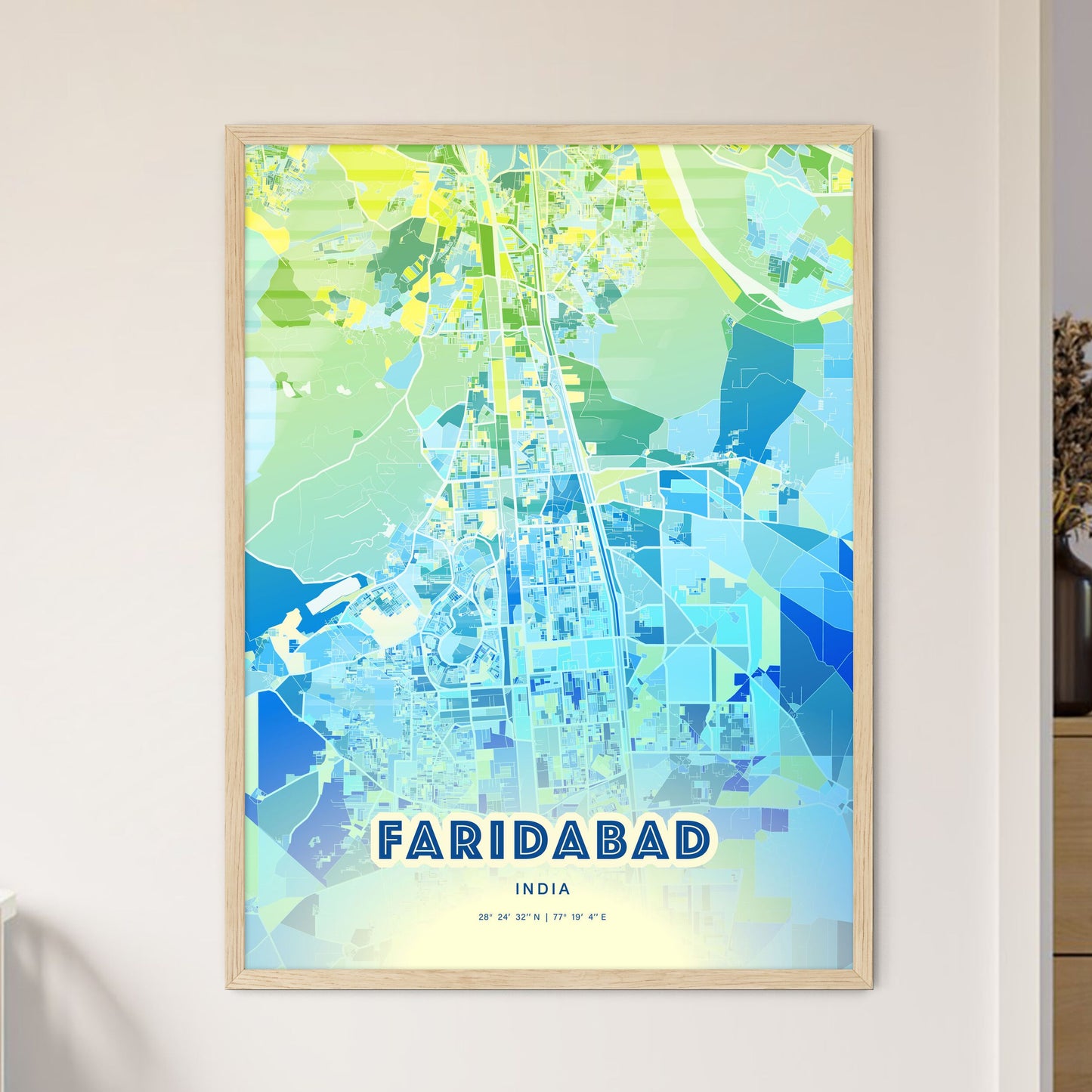 Colorful FARIDABAD INDIA Fine Art Map Cool Blue