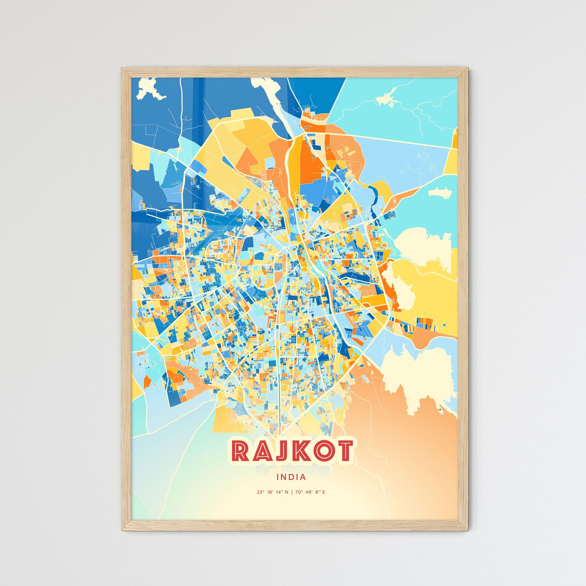 Colorful RAJKOT INDIA Fine Art Map Blue Orange