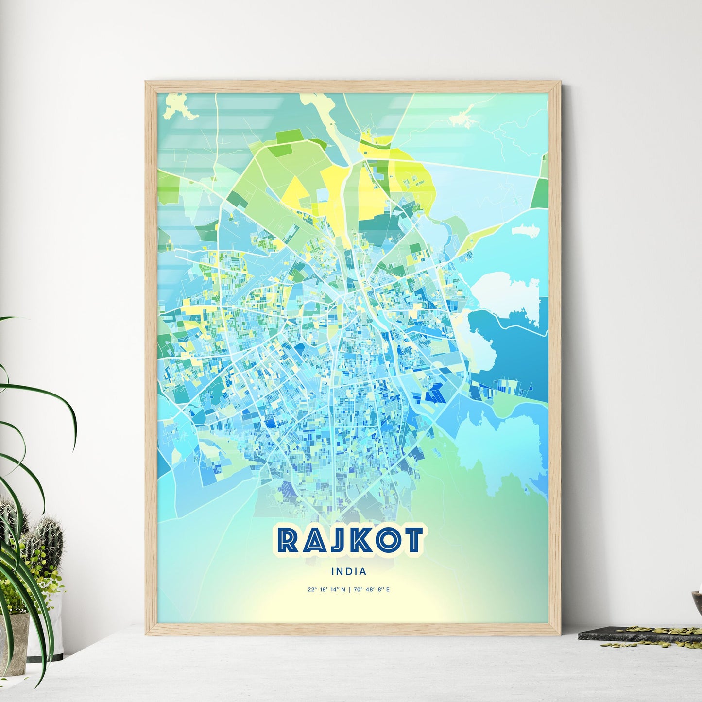 Colorful RAJKOT INDIA Fine Art Map Cool Blue