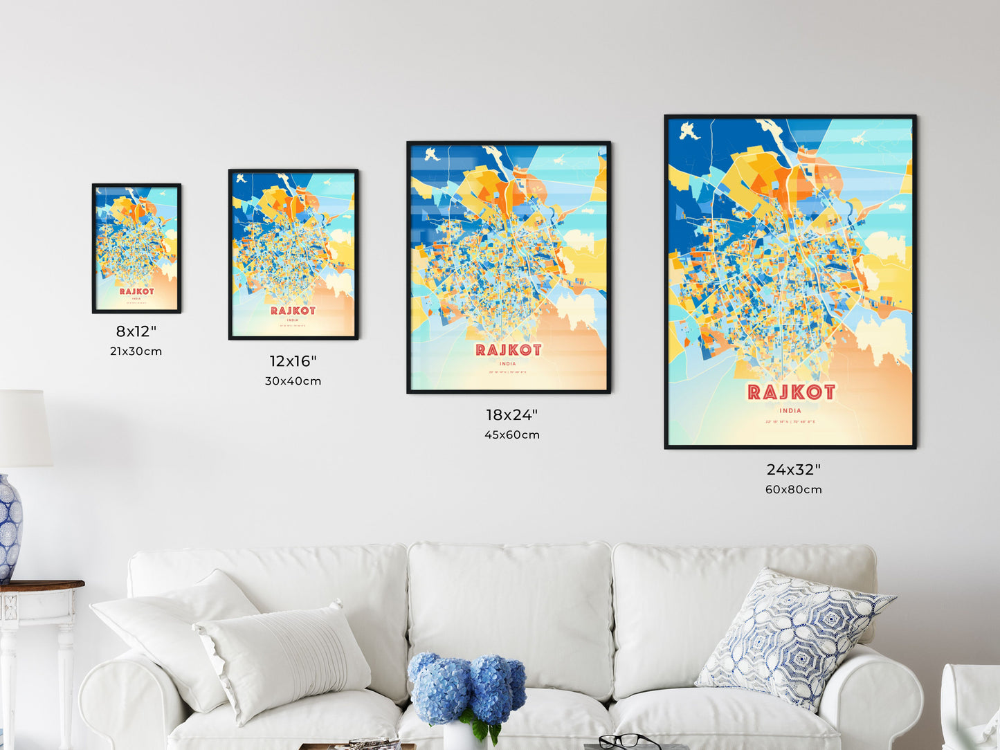 Colorful RAJKOT INDIA Fine Art Map Blue Orange