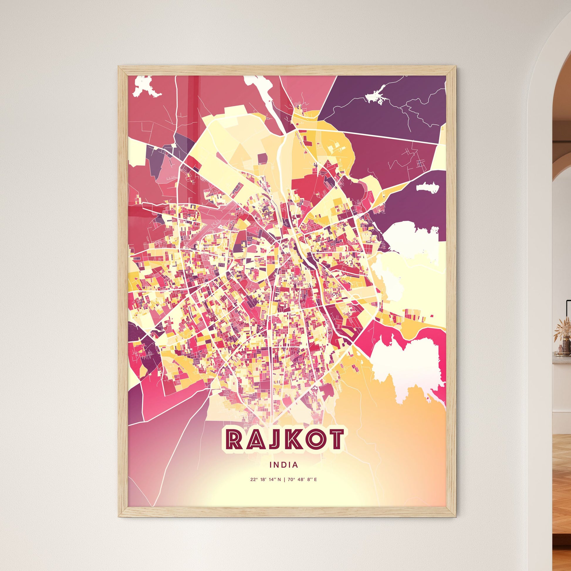 Colorful RAJKOT INDIA Fine Art Map Hot Red