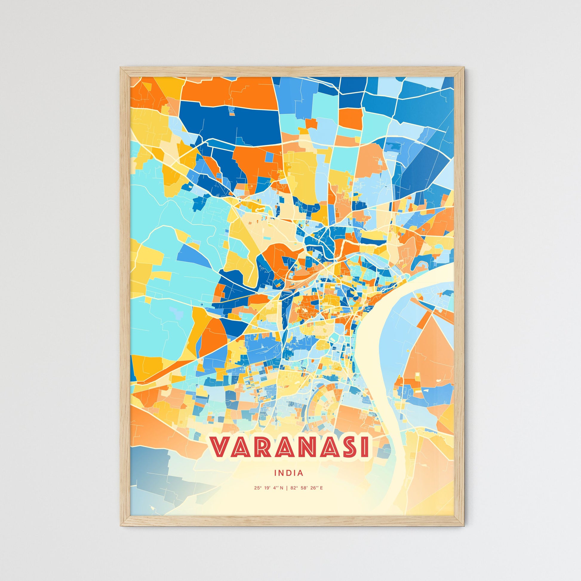 Colorful VARANASI INDIA Fine Art Map Blue Orange