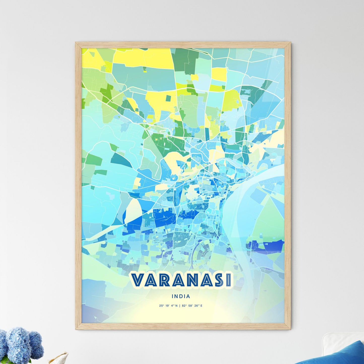 Colorful VARANASI INDIA Fine Art Map Cool Blue