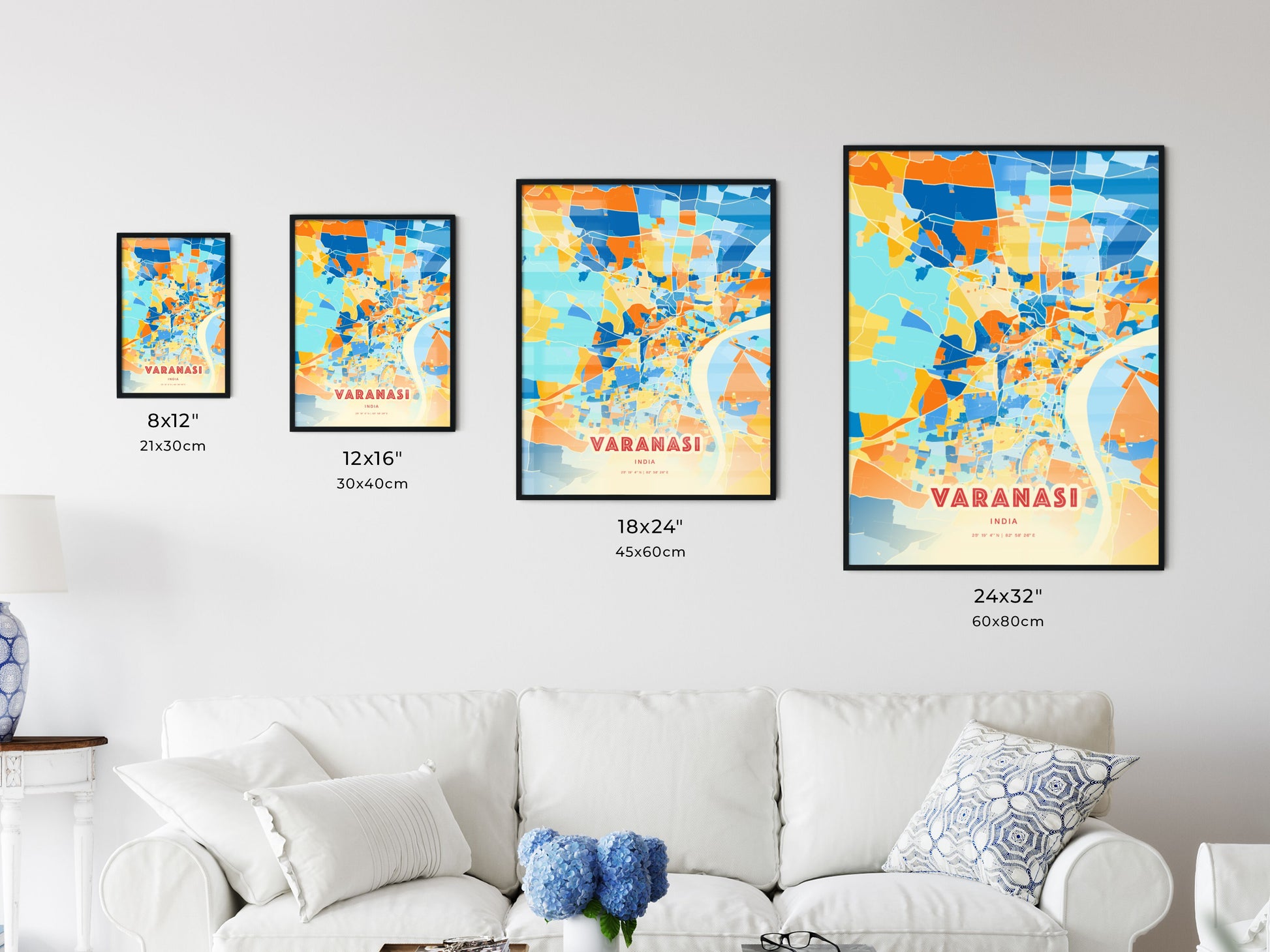 Colorful VARANASI INDIA Fine Art Map Blue Orange