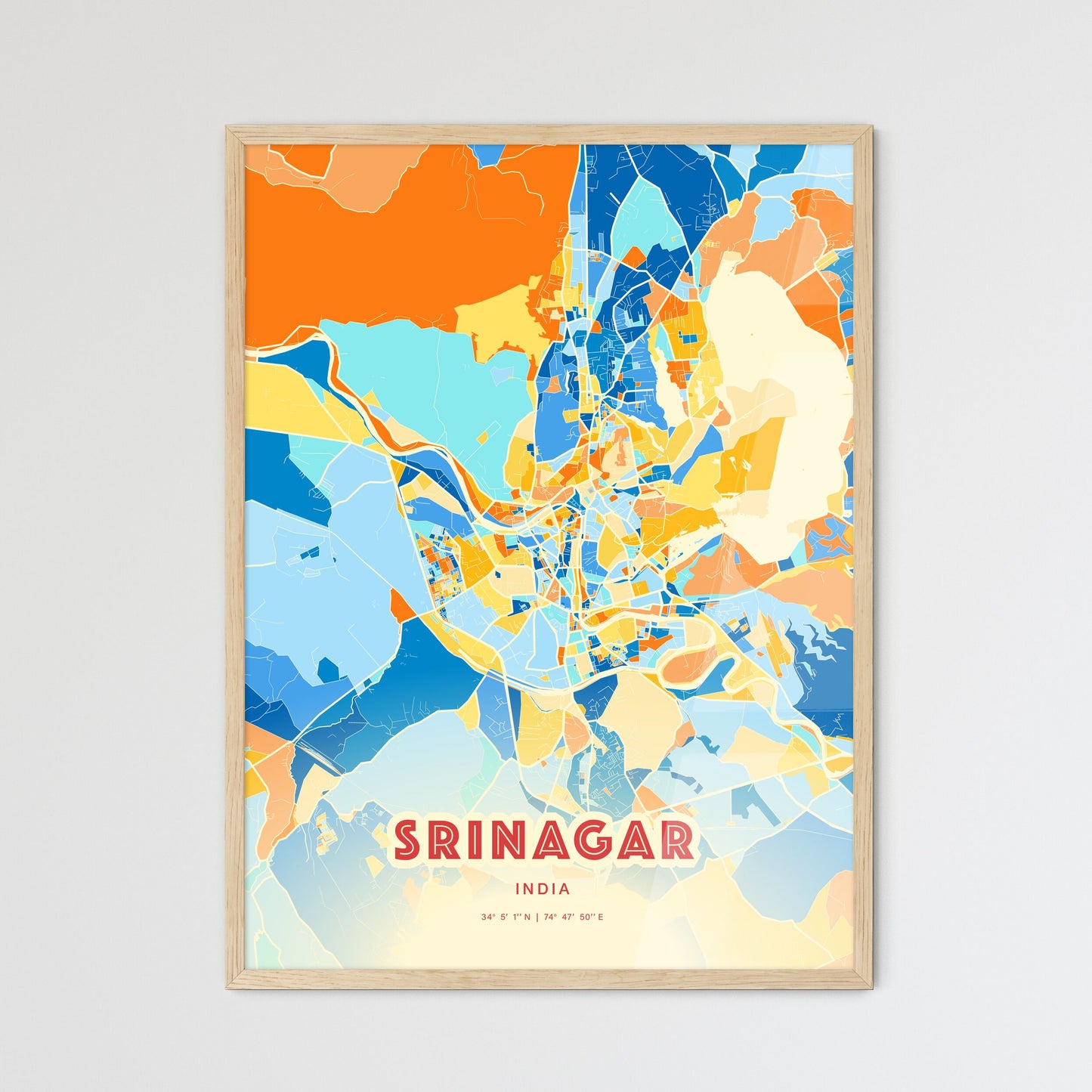 Colorful SRINAGAR INDIA Fine Art Map Blue Orange