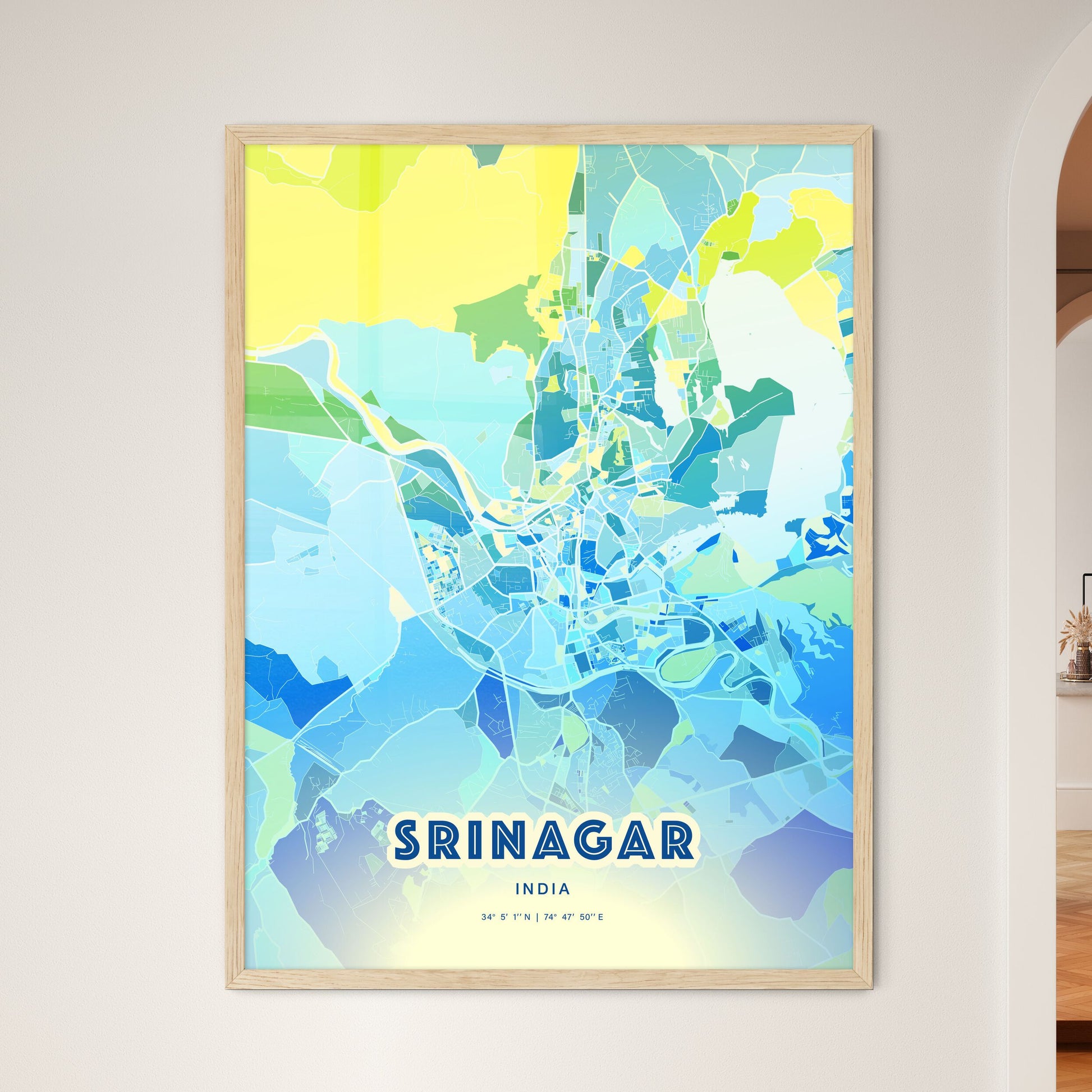 Colorful SRINAGAR INDIA Fine Art Map Cool Blue