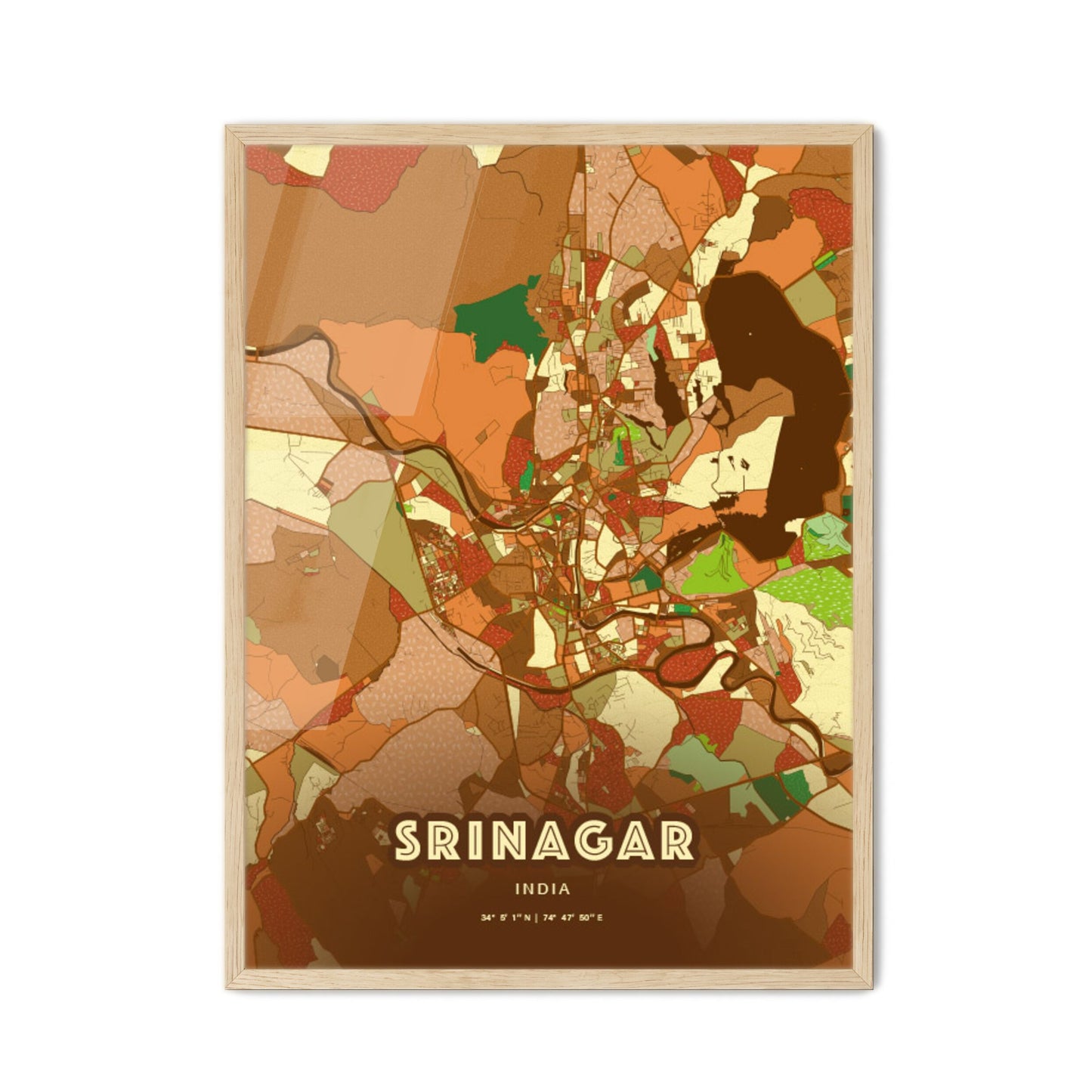 Colorful SRINAGAR INDIA Fine Art Map Farmhouse