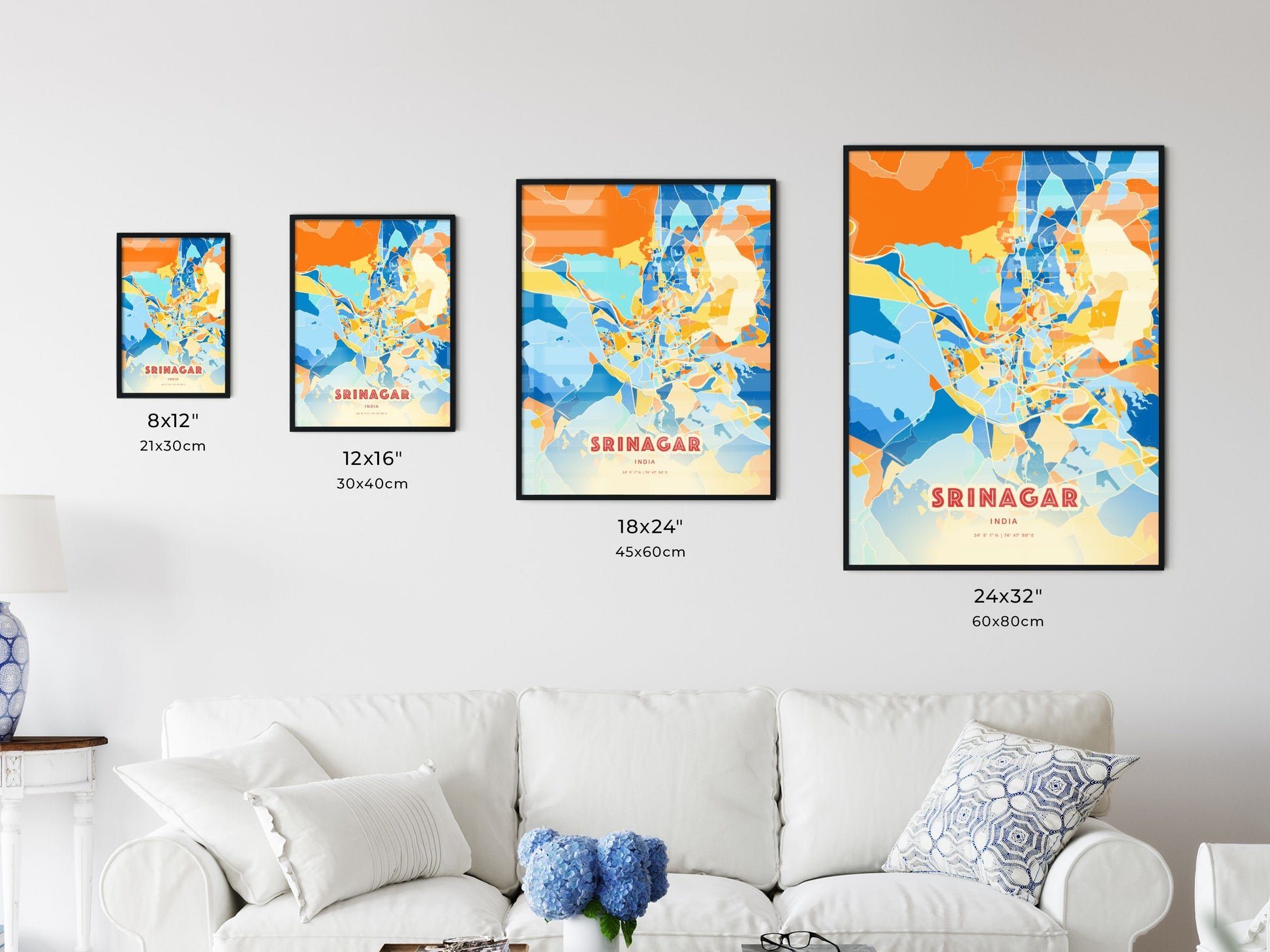 Colorful SRINAGAR INDIA Fine Art Map Blue Orange