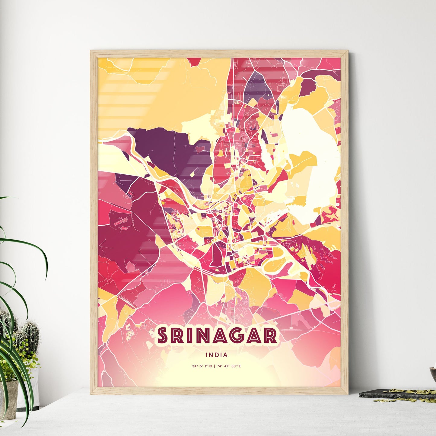 Colorful SRINAGAR INDIA Fine Art Map Hot Red