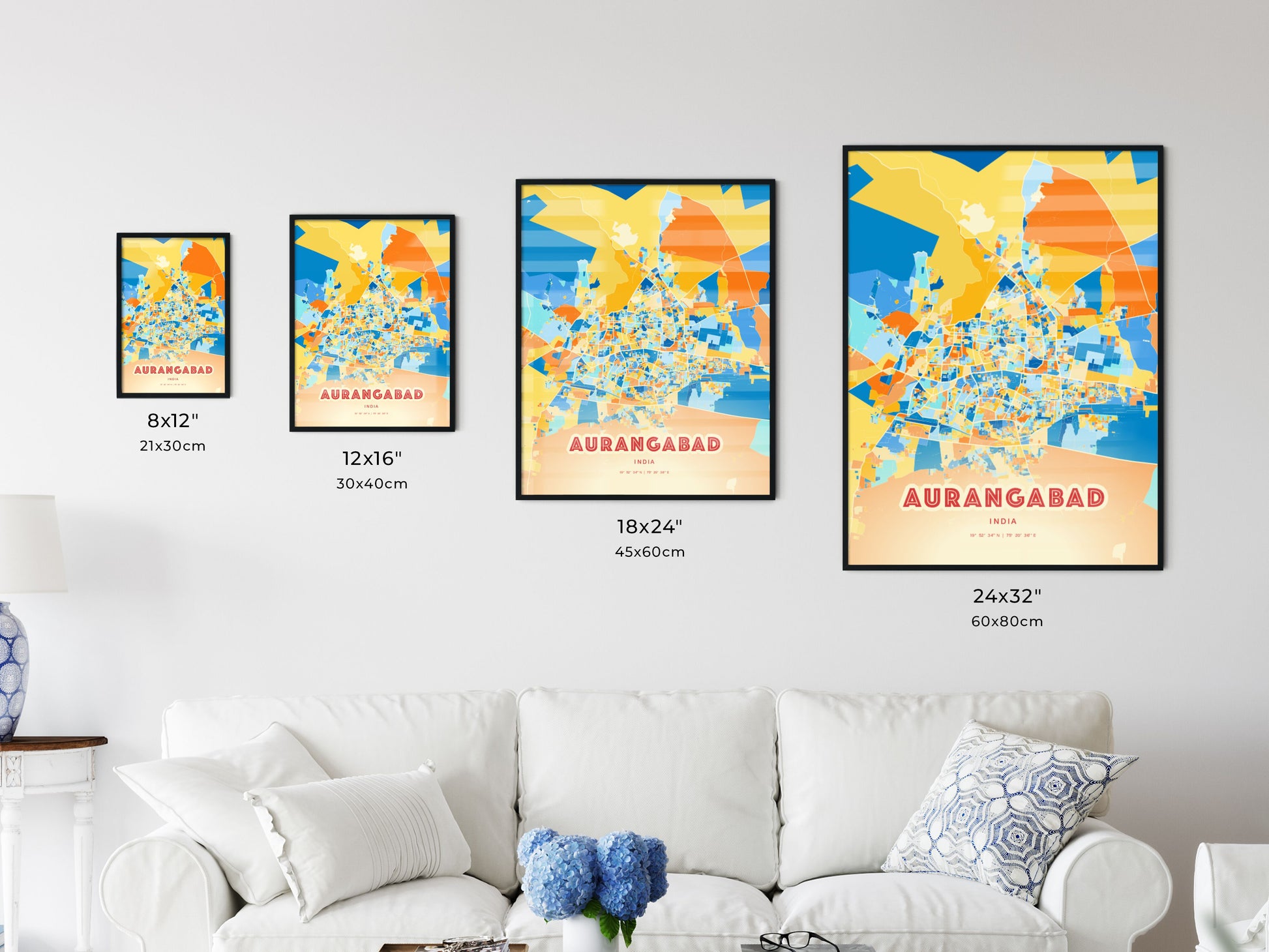 Colorful AURANGABAD INDIA Fine Art Map Blue Orange