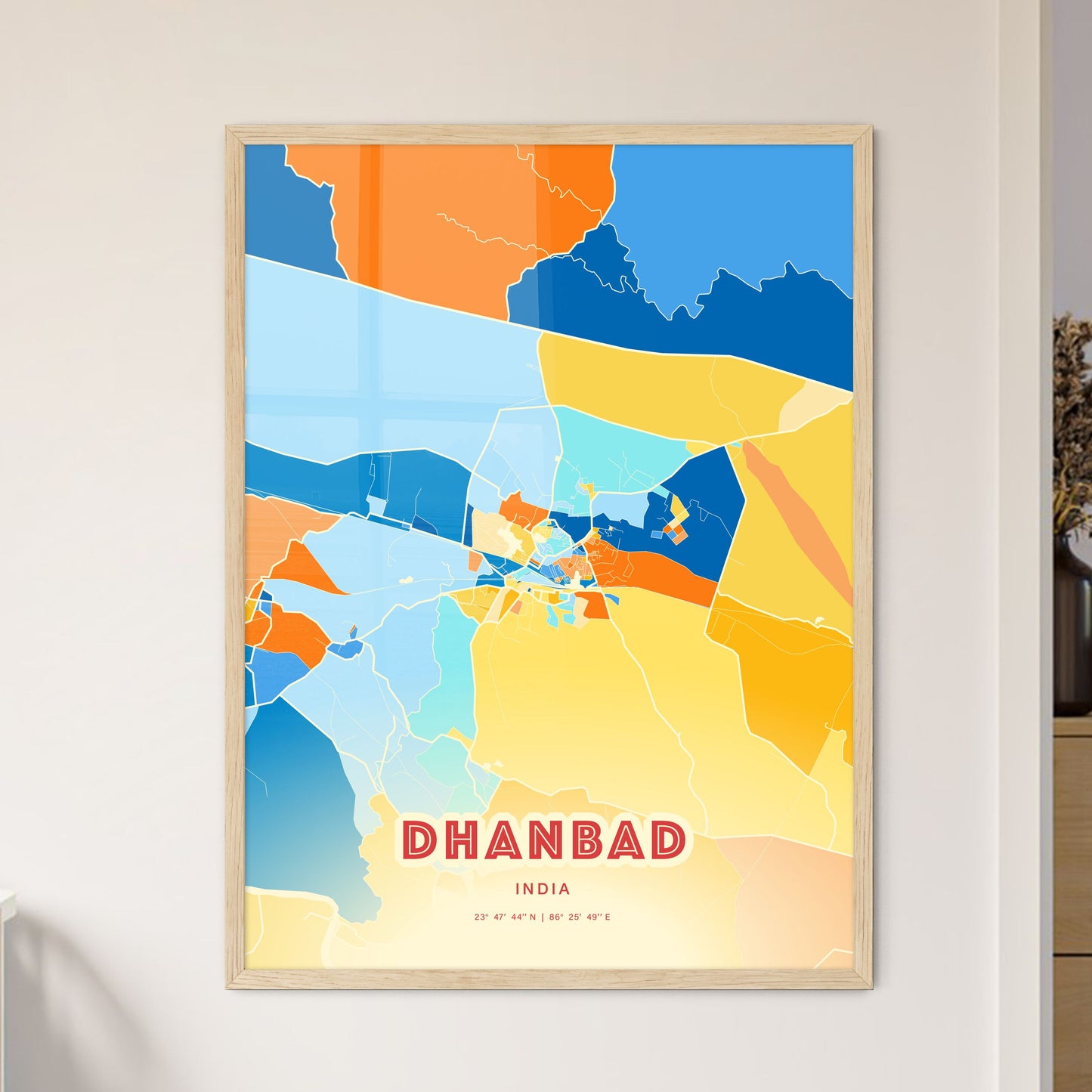 Colorful DHANBAD INDIA Fine Art Map Blue Orange