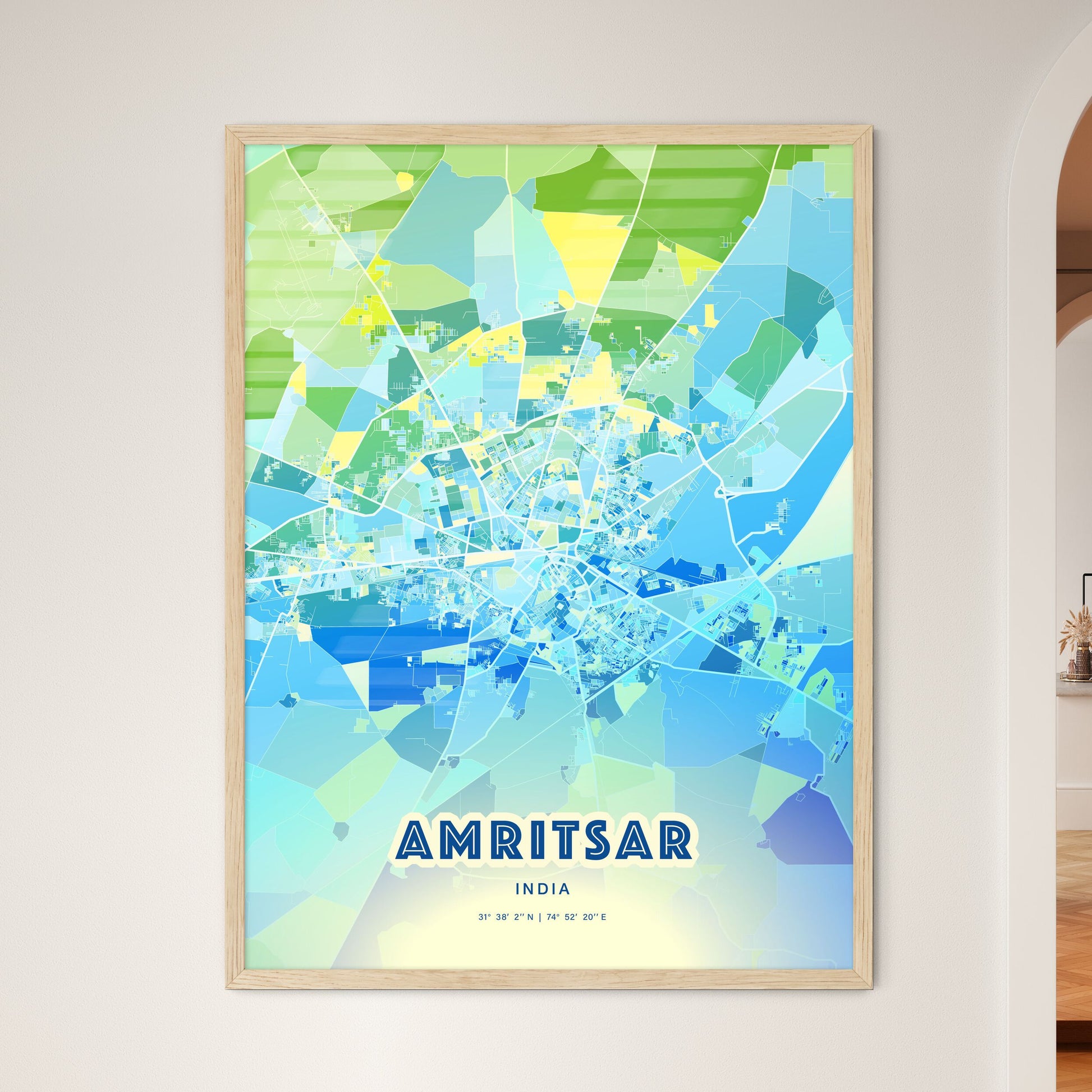 Colorful AMRITSAR INDIA Fine Art Map Cool Blue