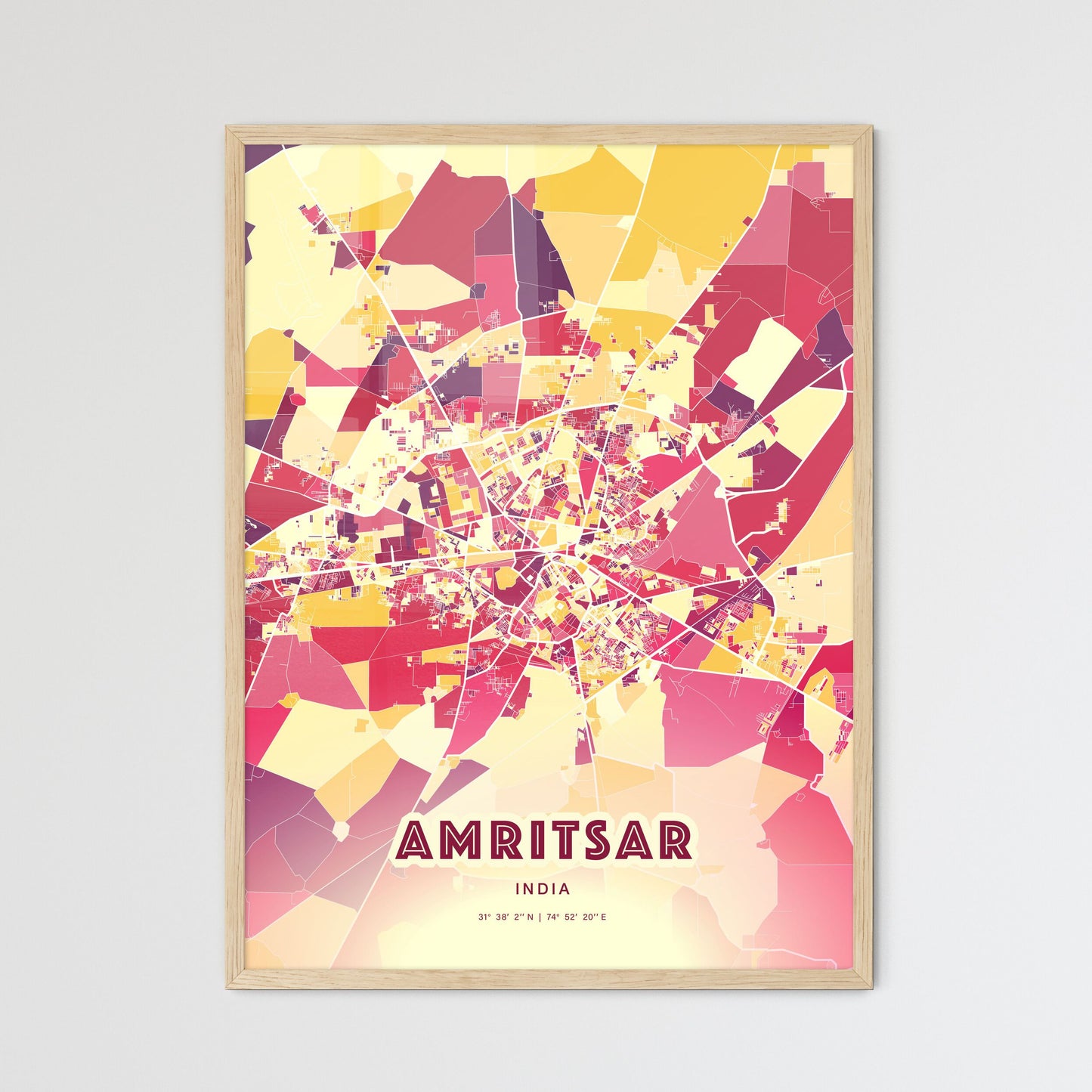 Colorful AMRITSAR INDIA Fine Art Map Hot Red