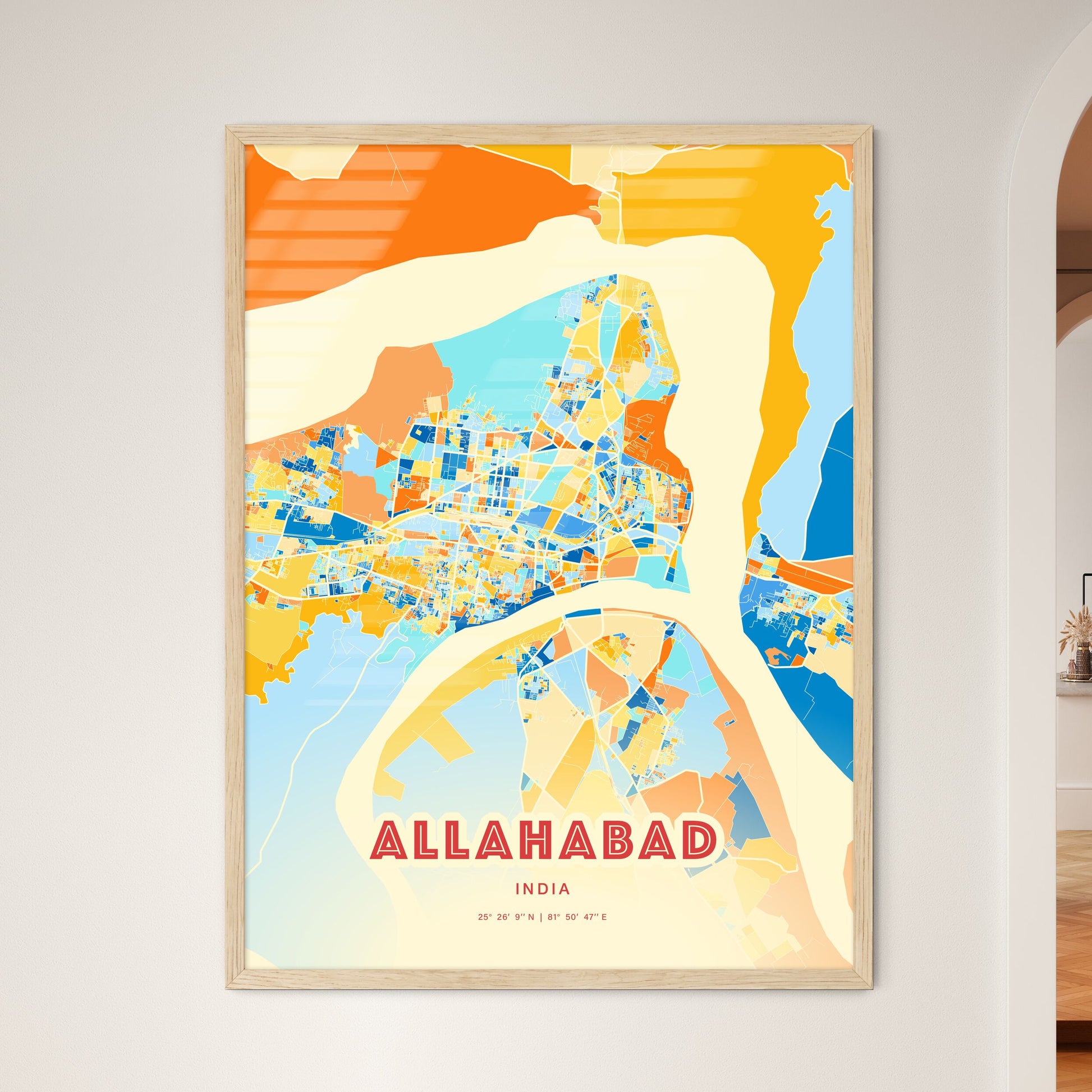 Colorful ALLAHABAD INDIA Fine Art Map Blue Orange