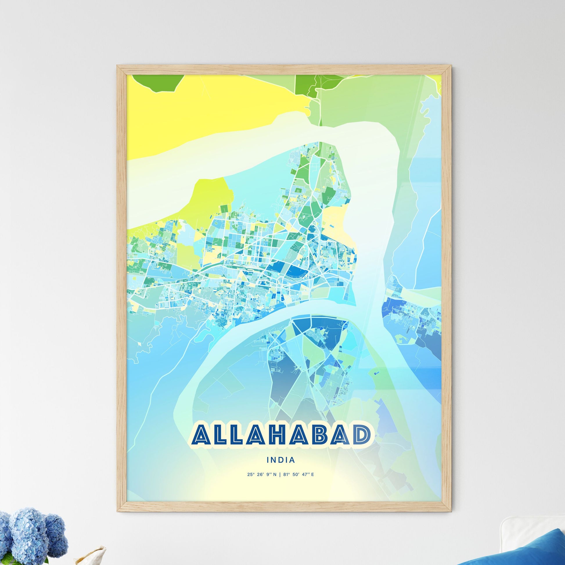 Colorful ALLAHABAD INDIA Fine Art Map Cool Blue