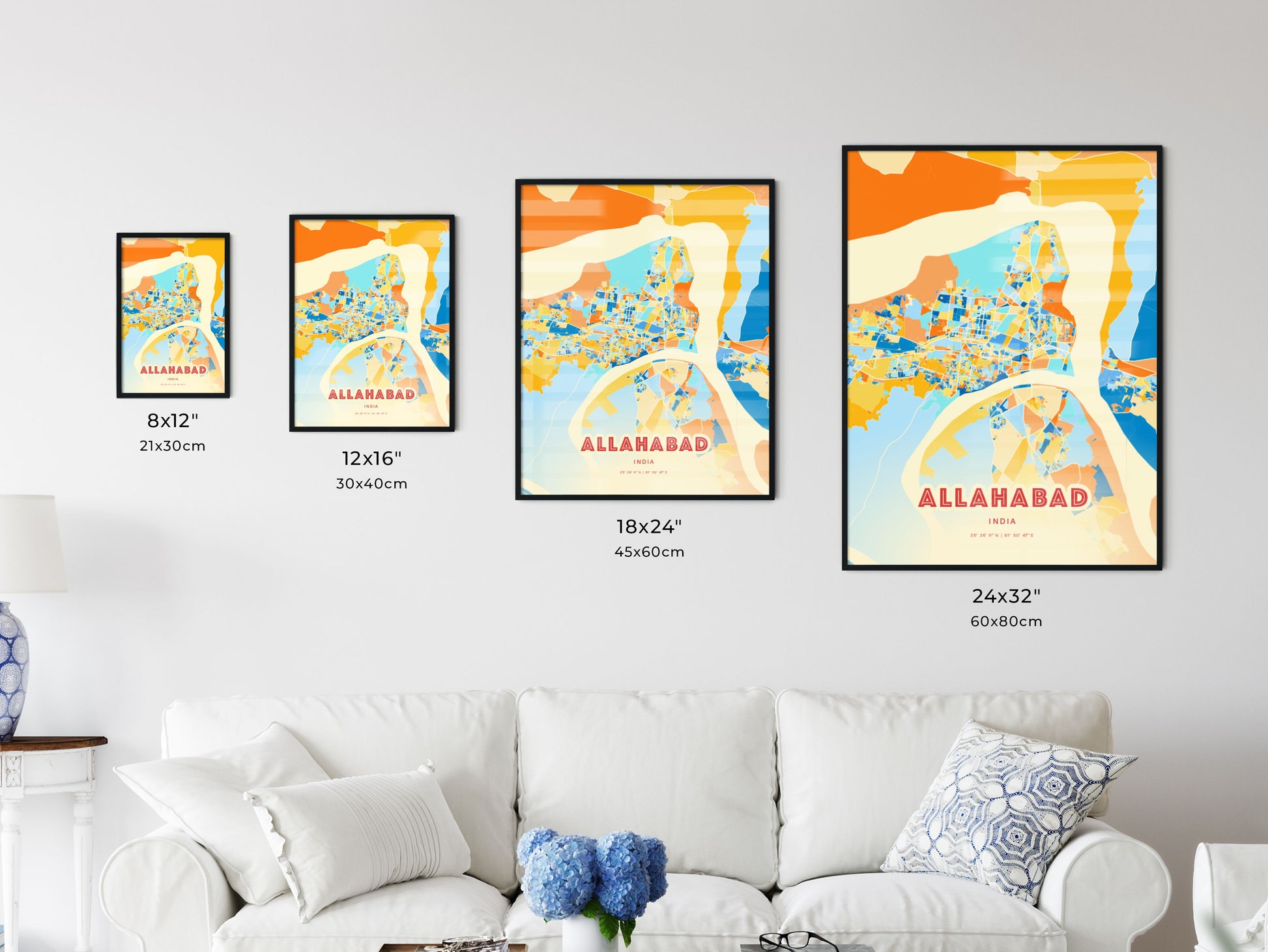 Colorful ALLAHABAD INDIA Fine Art Map Blue Orange