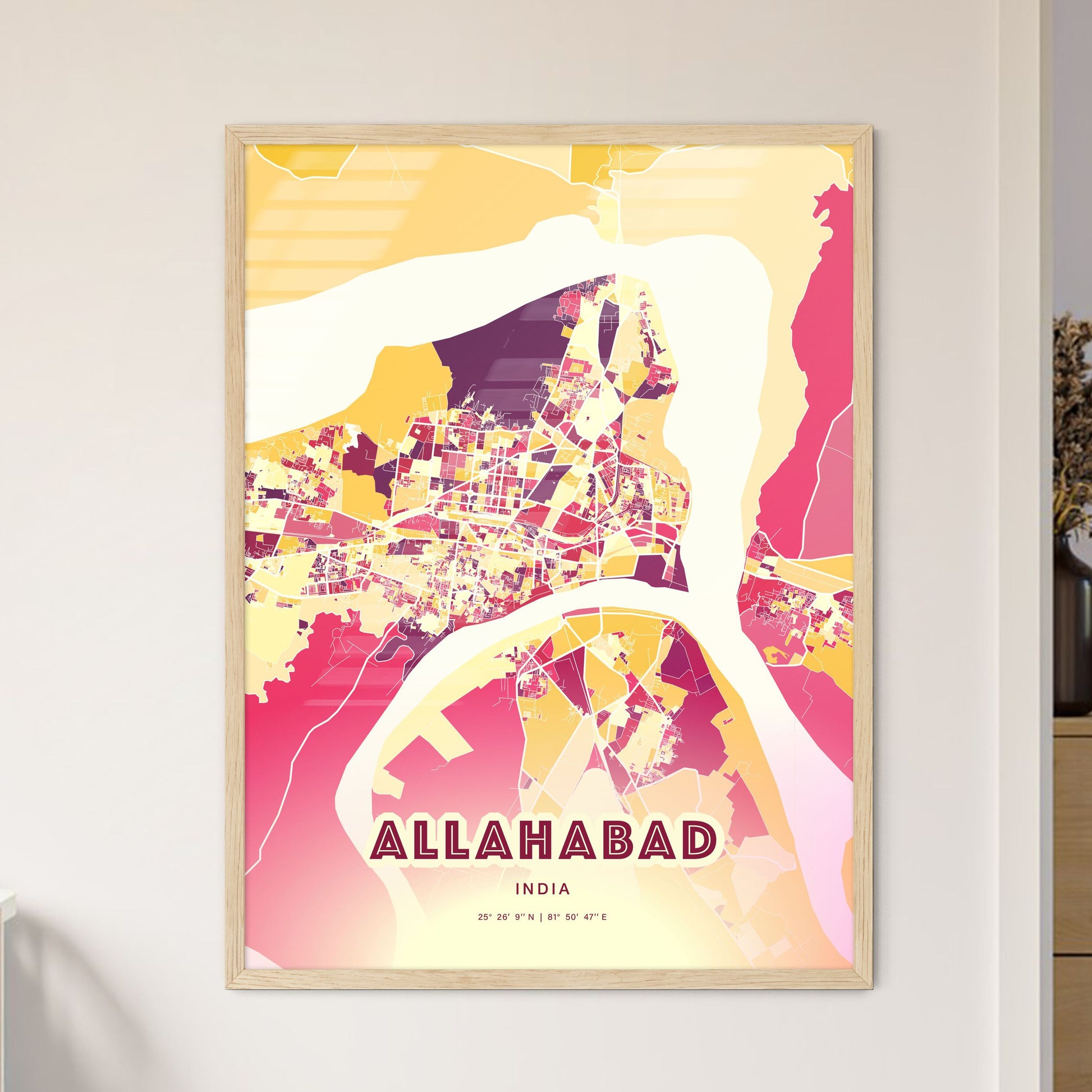 Colorful ALLAHABAD INDIA Fine Art Map Hot Red