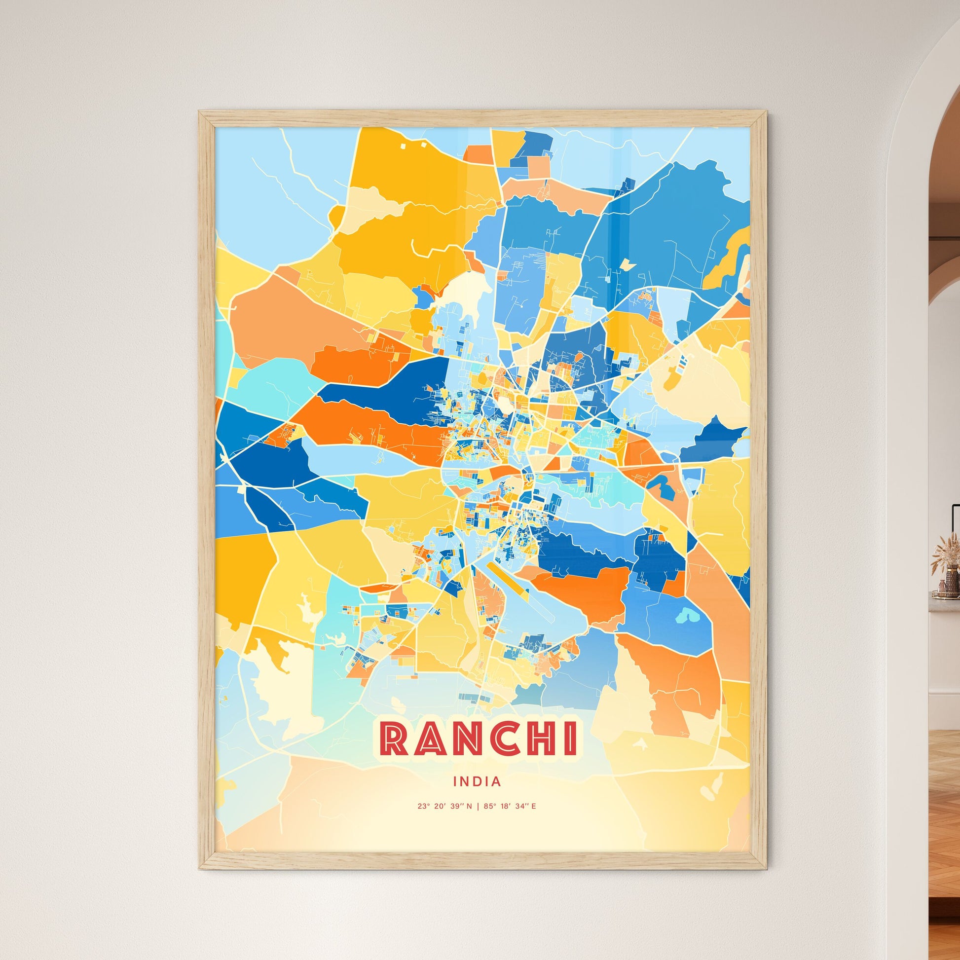 Colorful RANCHI INDIA Fine Art Map Blue Orange