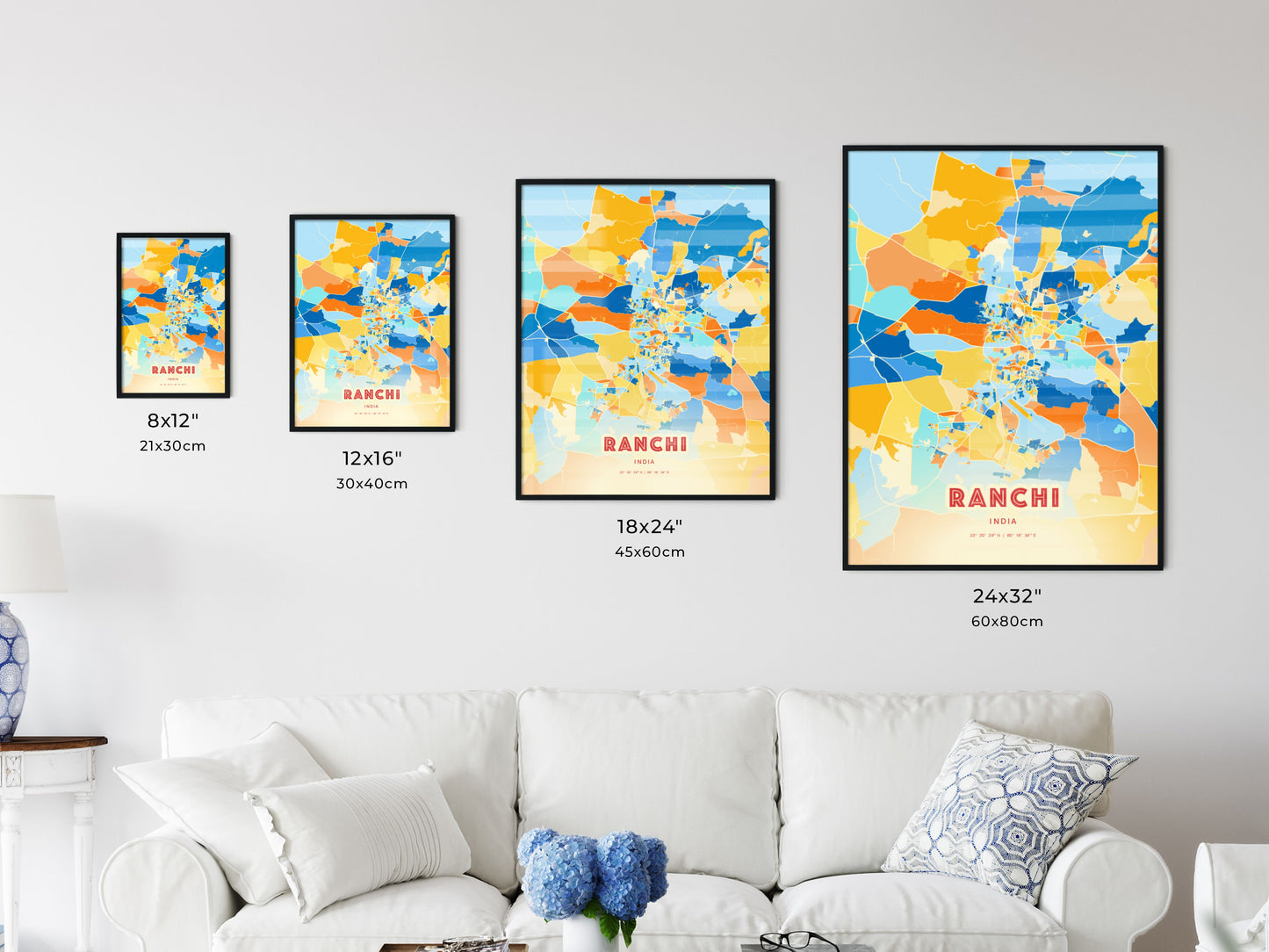 Colorful RANCHI INDIA Fine Art Map Blue Orange