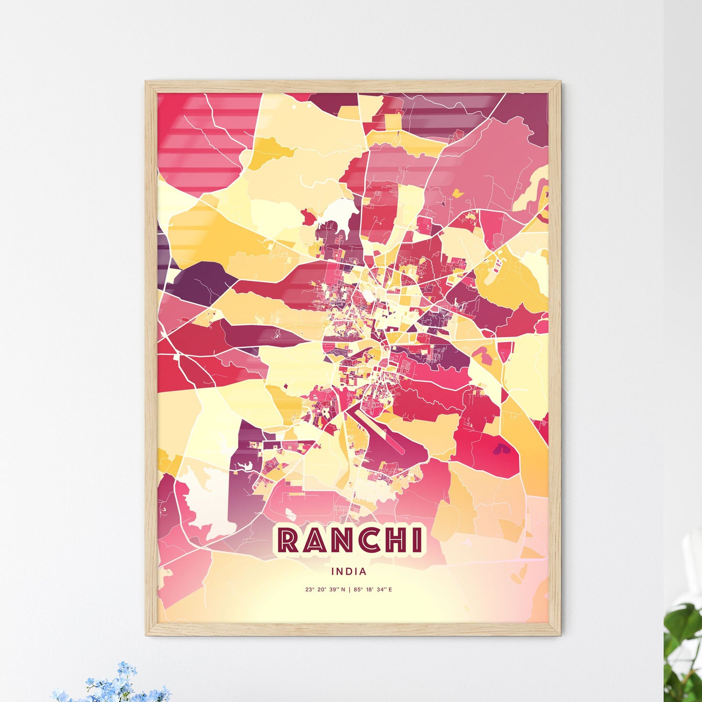 Colorful RANCHI INDIA Fine Art Map Hot Red