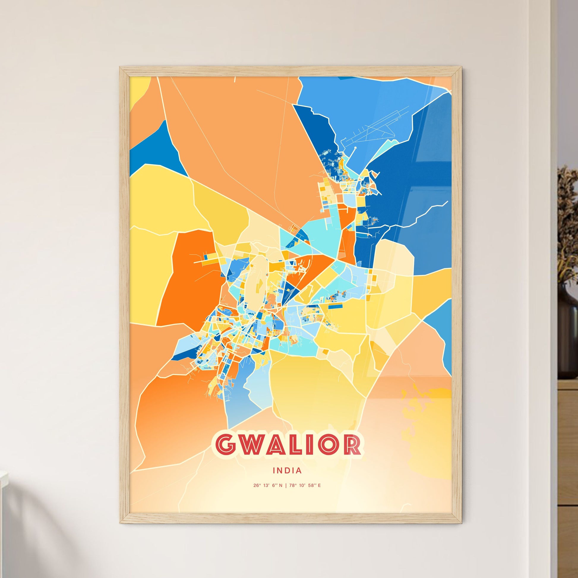 Colorful GWALIOR INDIA Fine Art Map Blue Orange