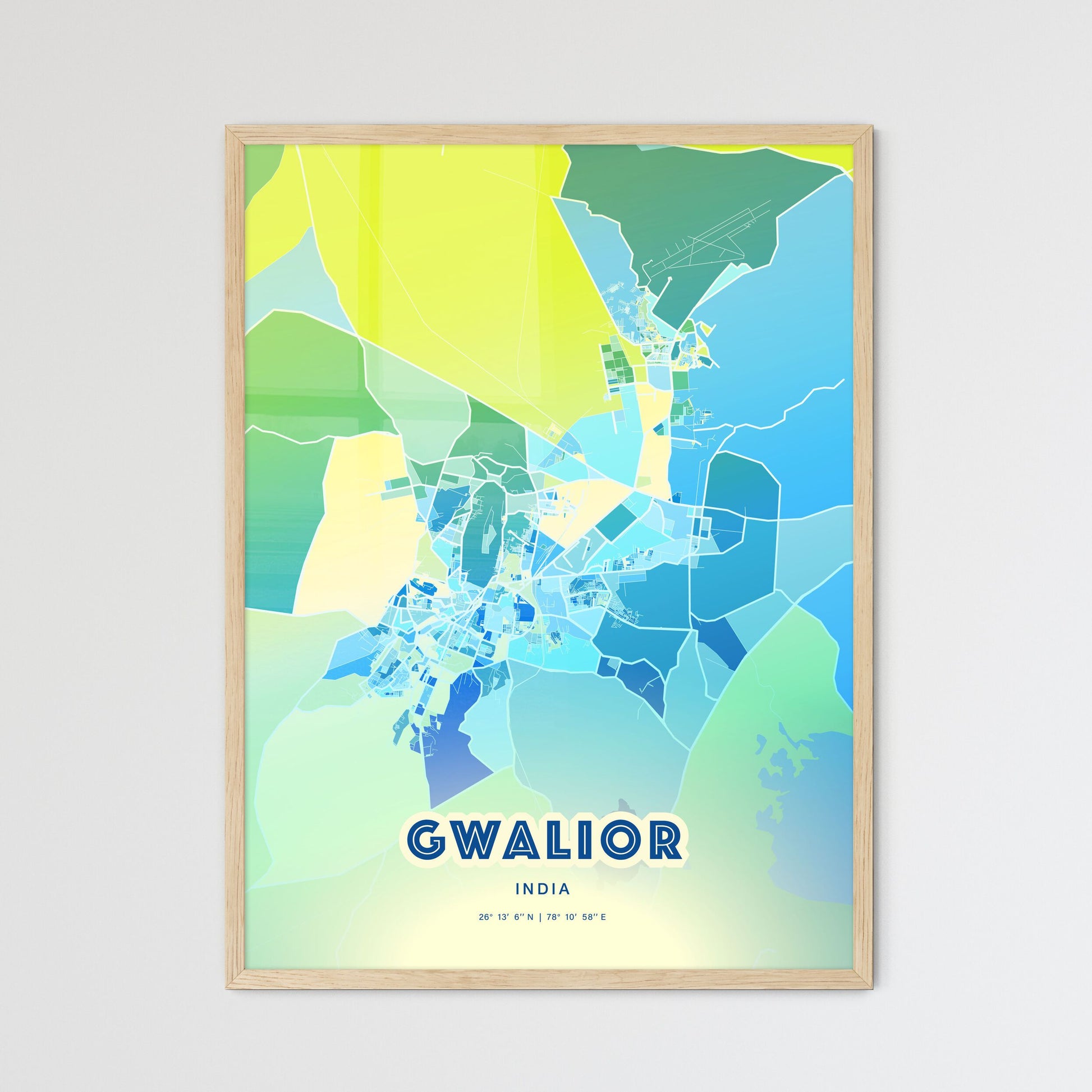 Colorful GWALIOR INDIA Fine Art Map Cool Blue