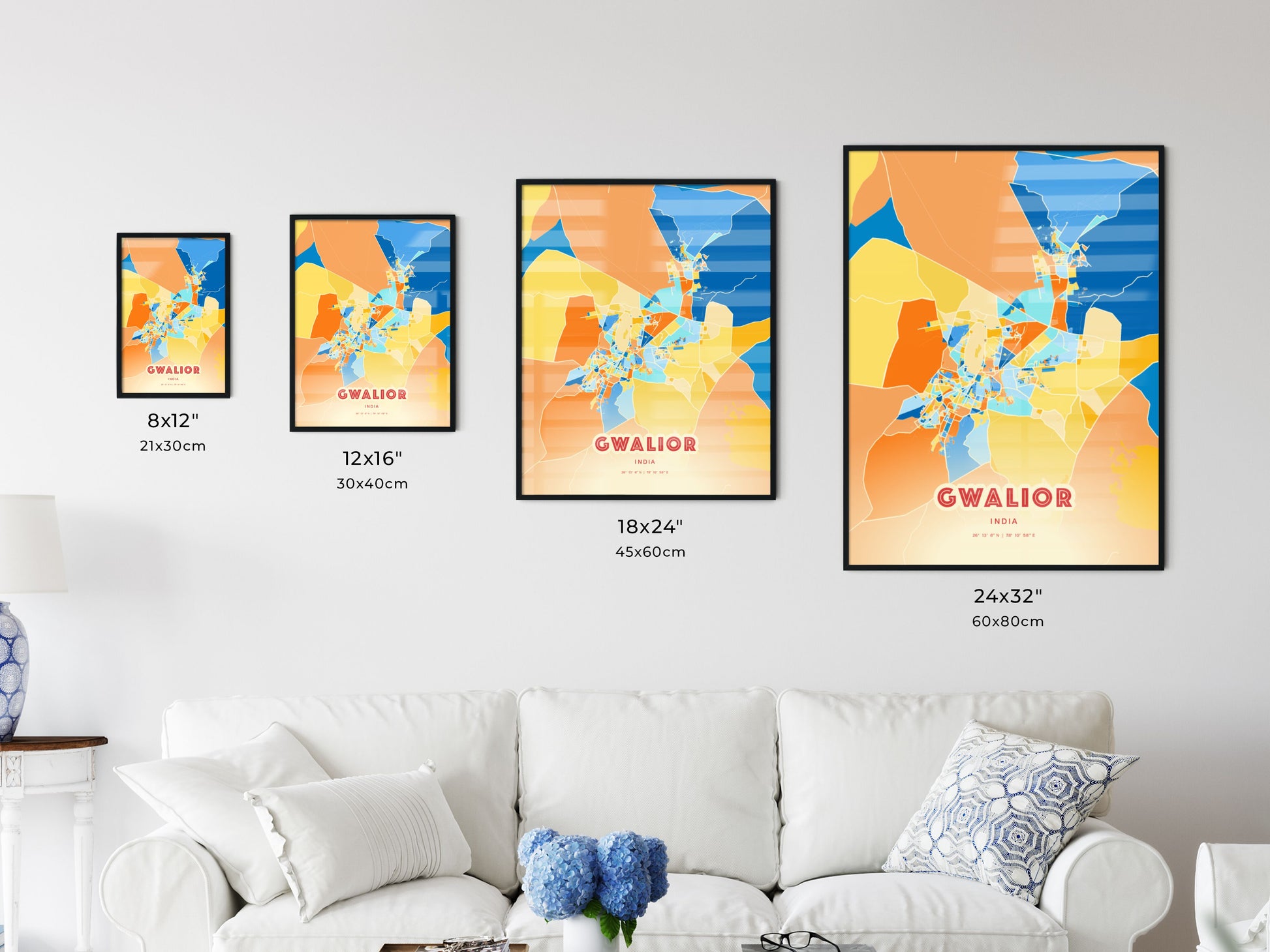 Colorful GWALIOR INDIA Fine Art Map Blue Orange