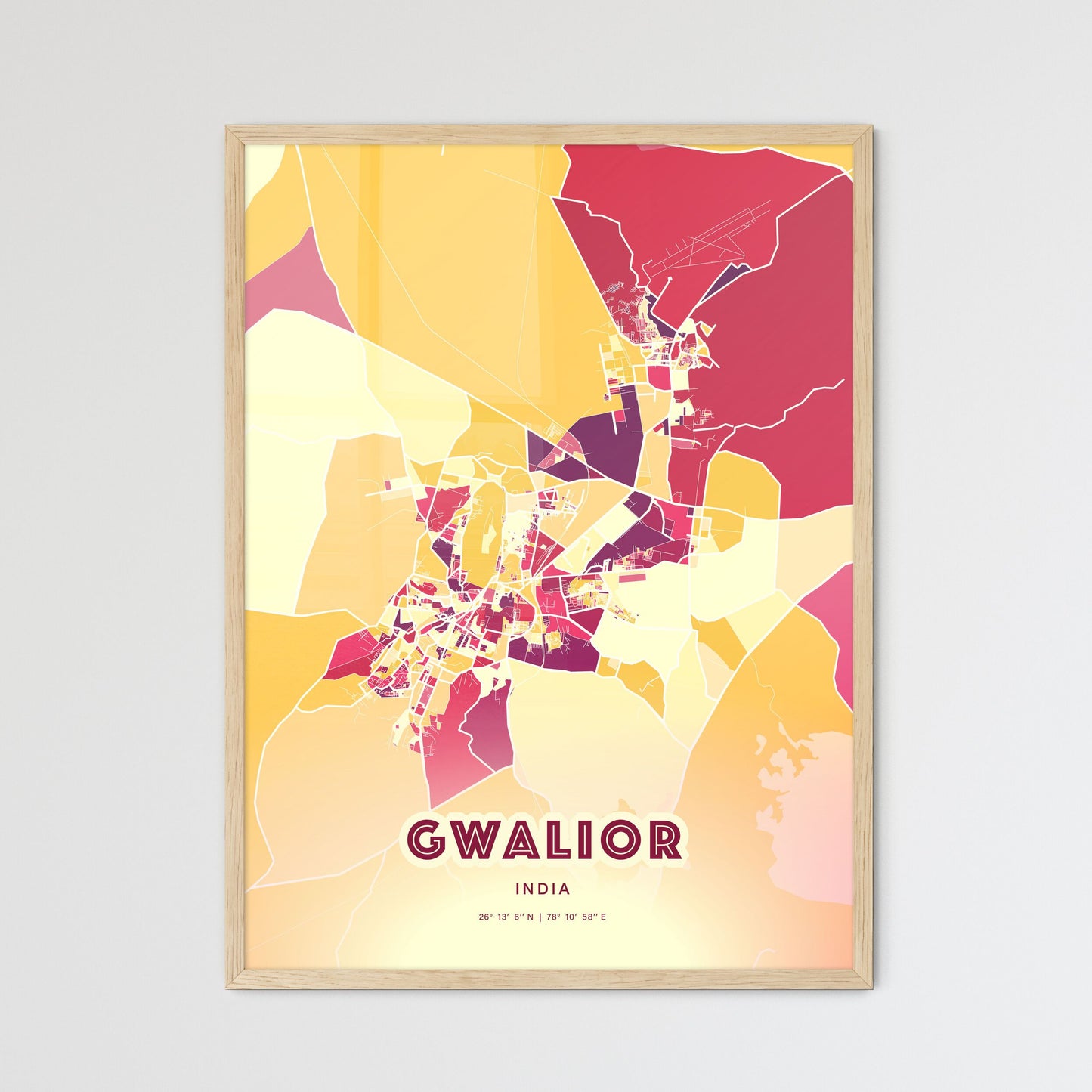 Colorful GWALIOR INDIA Fine Art Map Hot Red