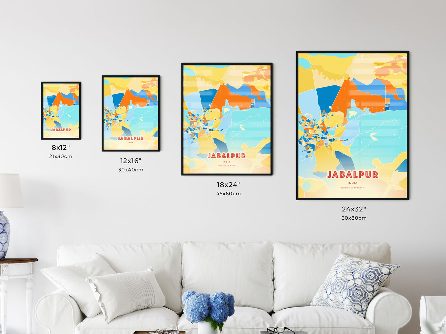 Colorful JABALPUR INDIA Fine Art Map Blue Orange