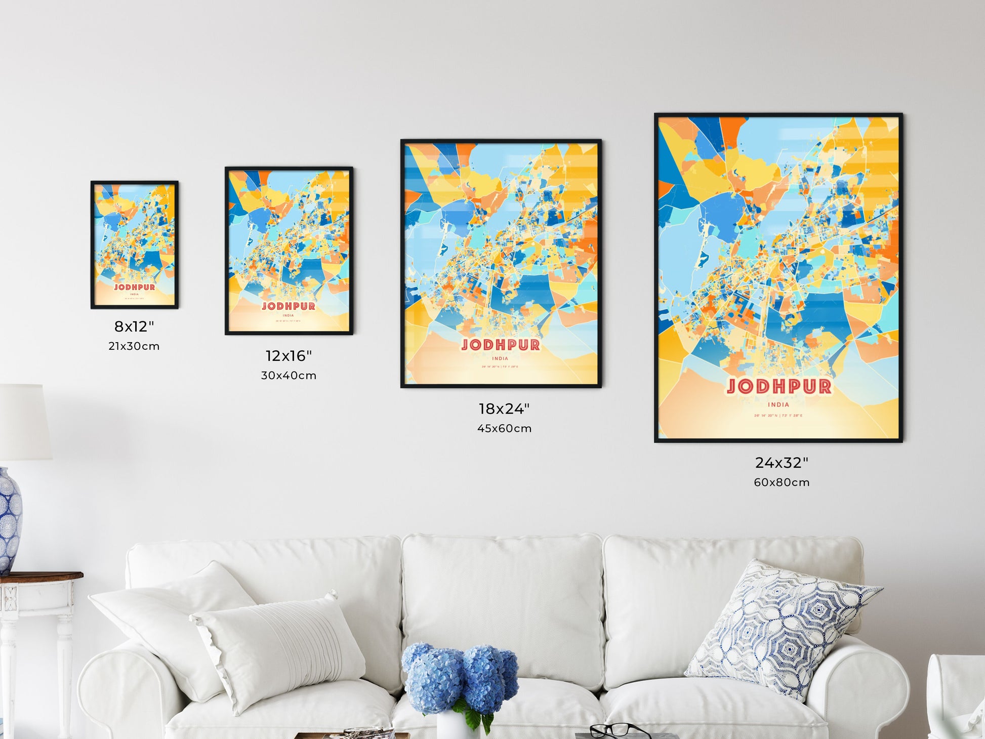 Colorful JODHPUR INDIA Fine Art Map Blue Orange