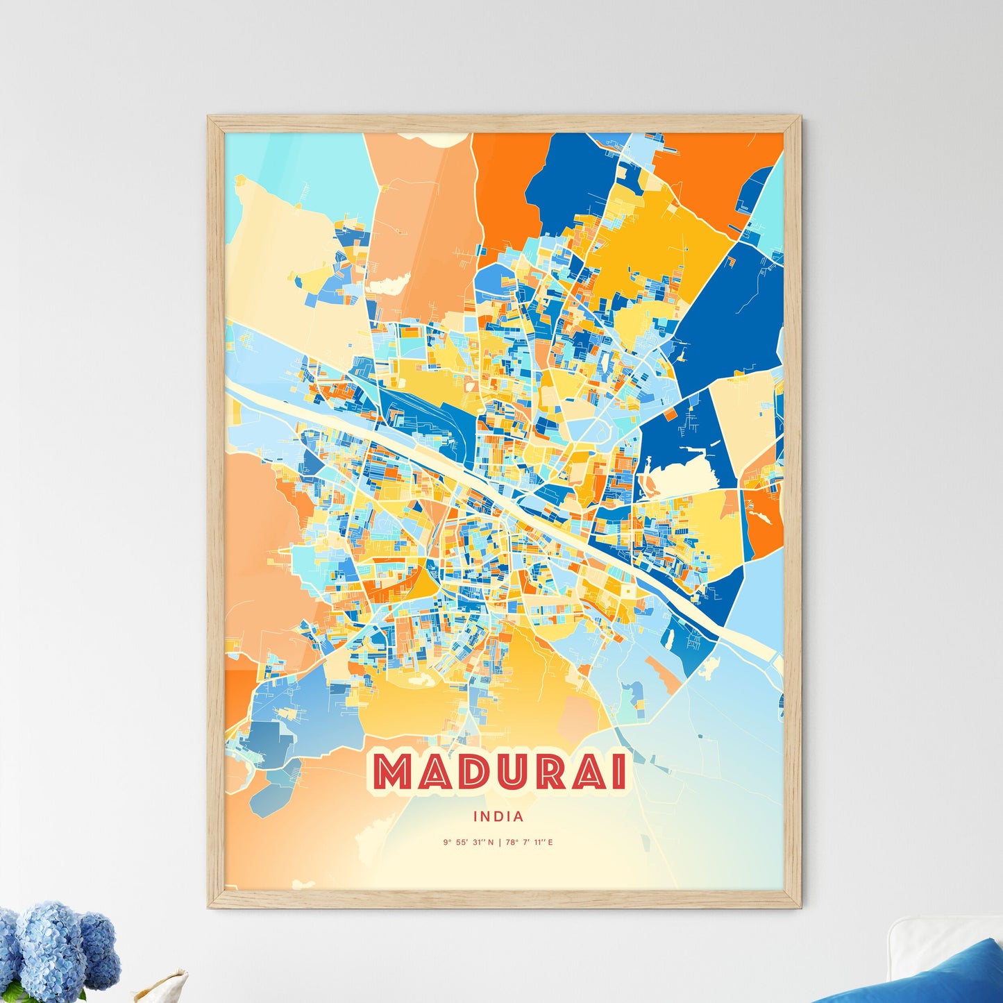 Colorful MADURAI INDIA Fine Art Map Blue Orange