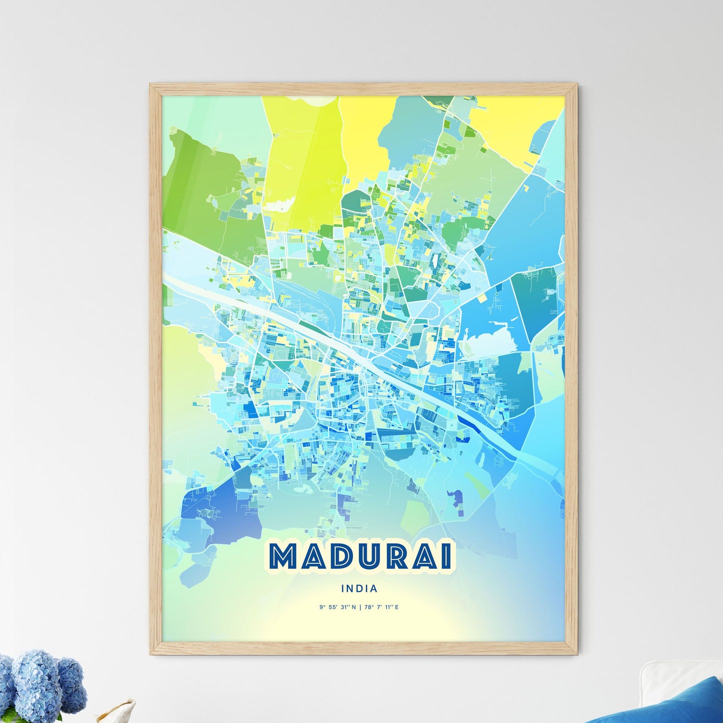 Colorful MADURAI INDIA Fine Art Map Cool Blue
