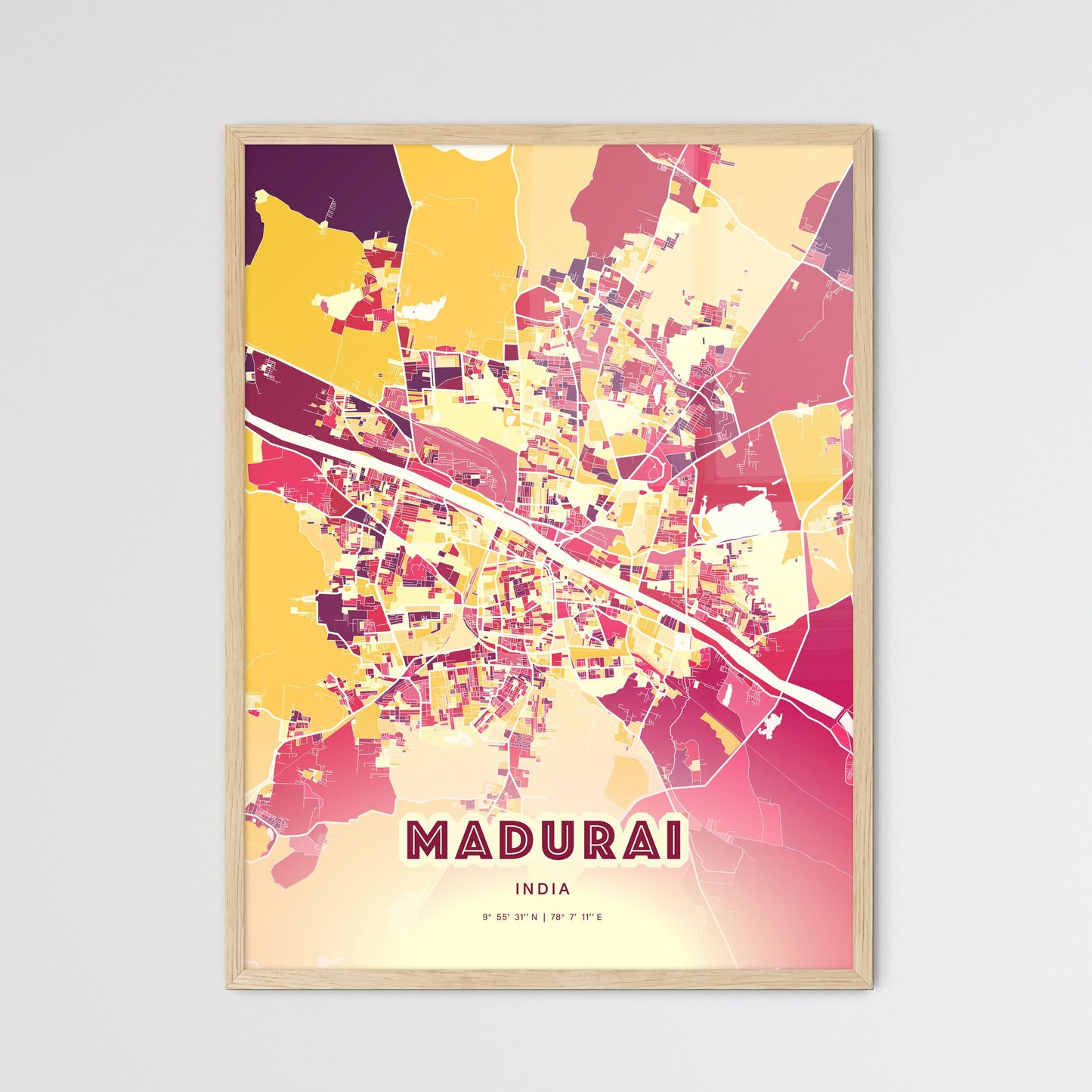 Colorful MADURAI INDIA Fine Art Map Hot Red