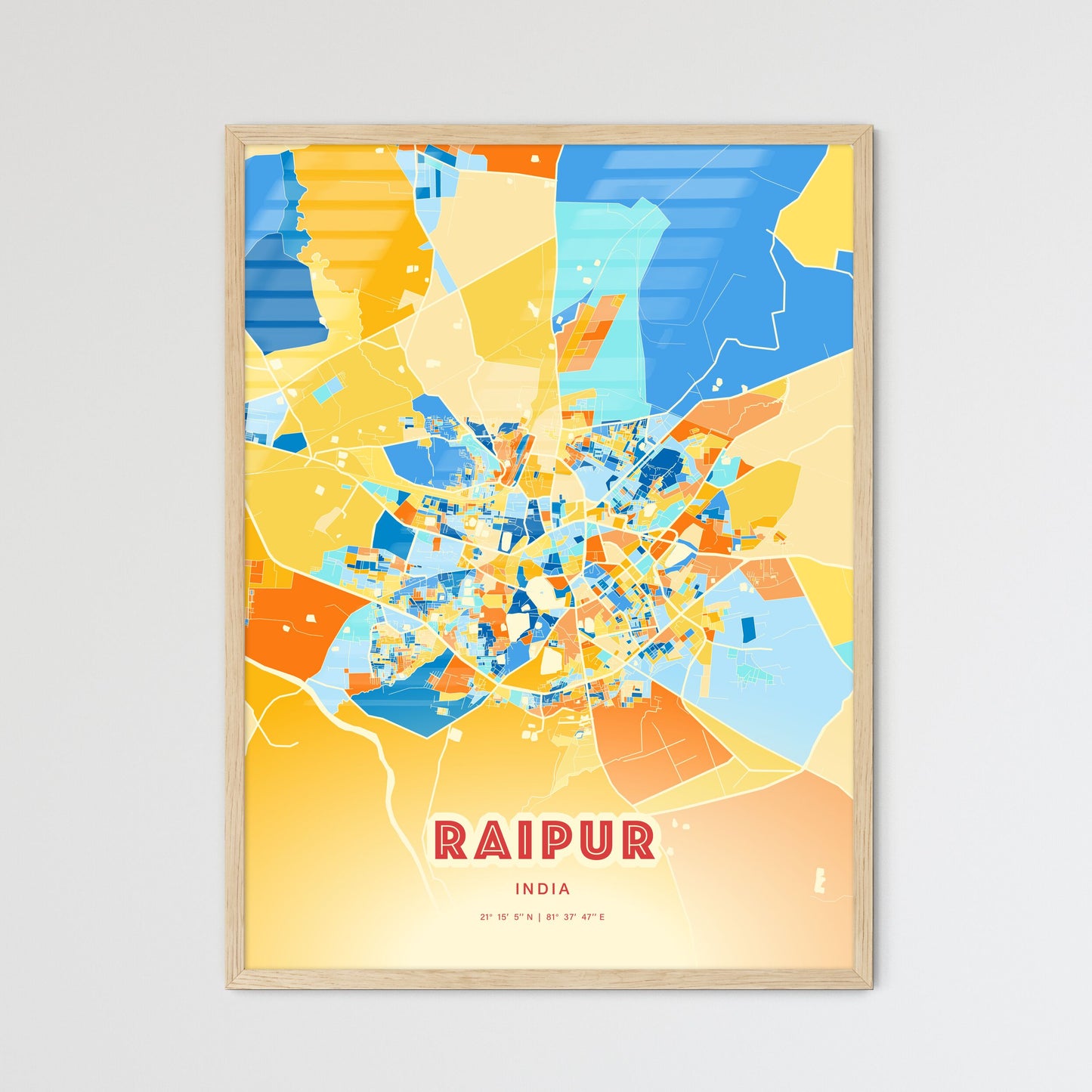 Colorful RAIPUR INDIA Fine Art Map Blue Orange