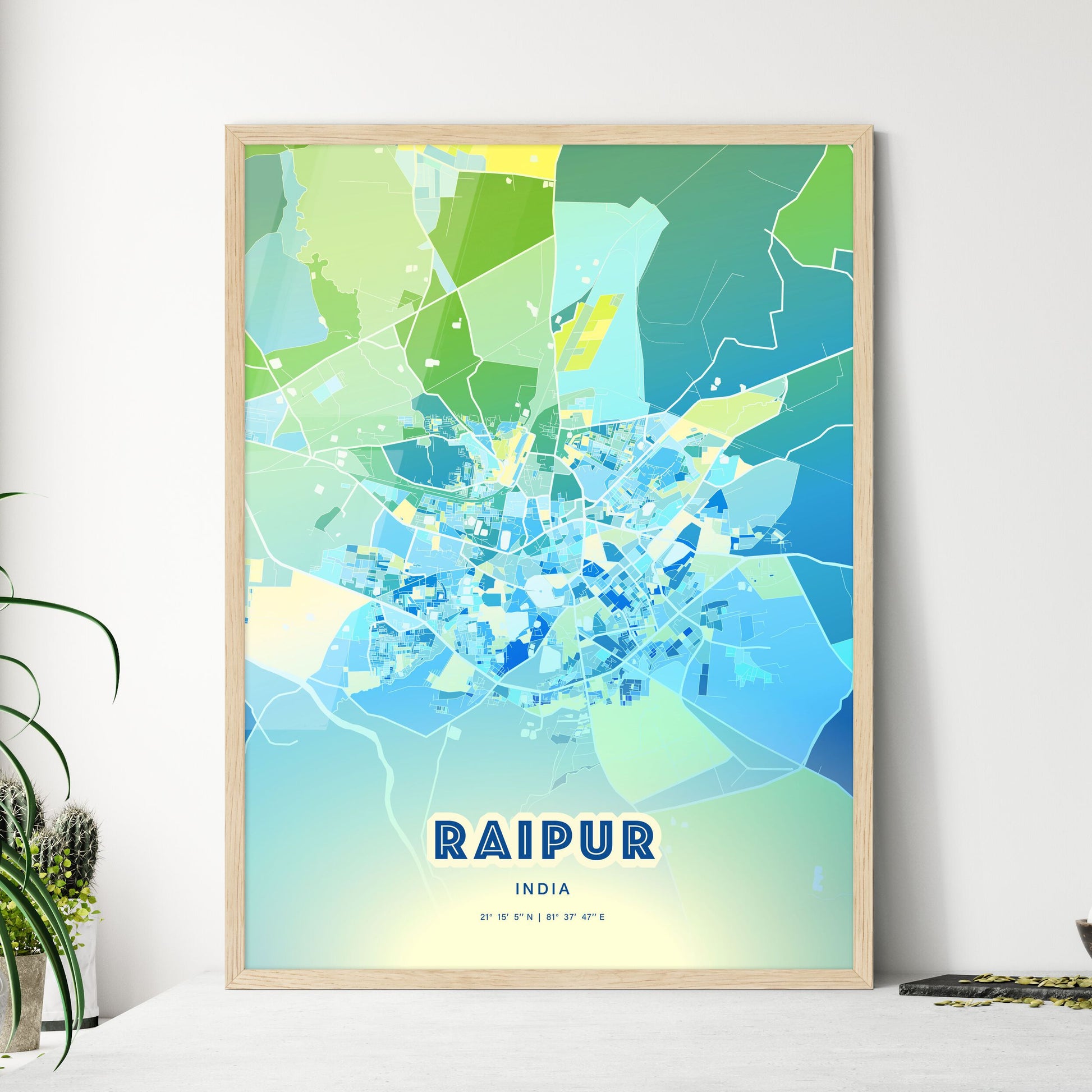 Colorful RAIPUR INDIA Fine Art Map Cool Blue