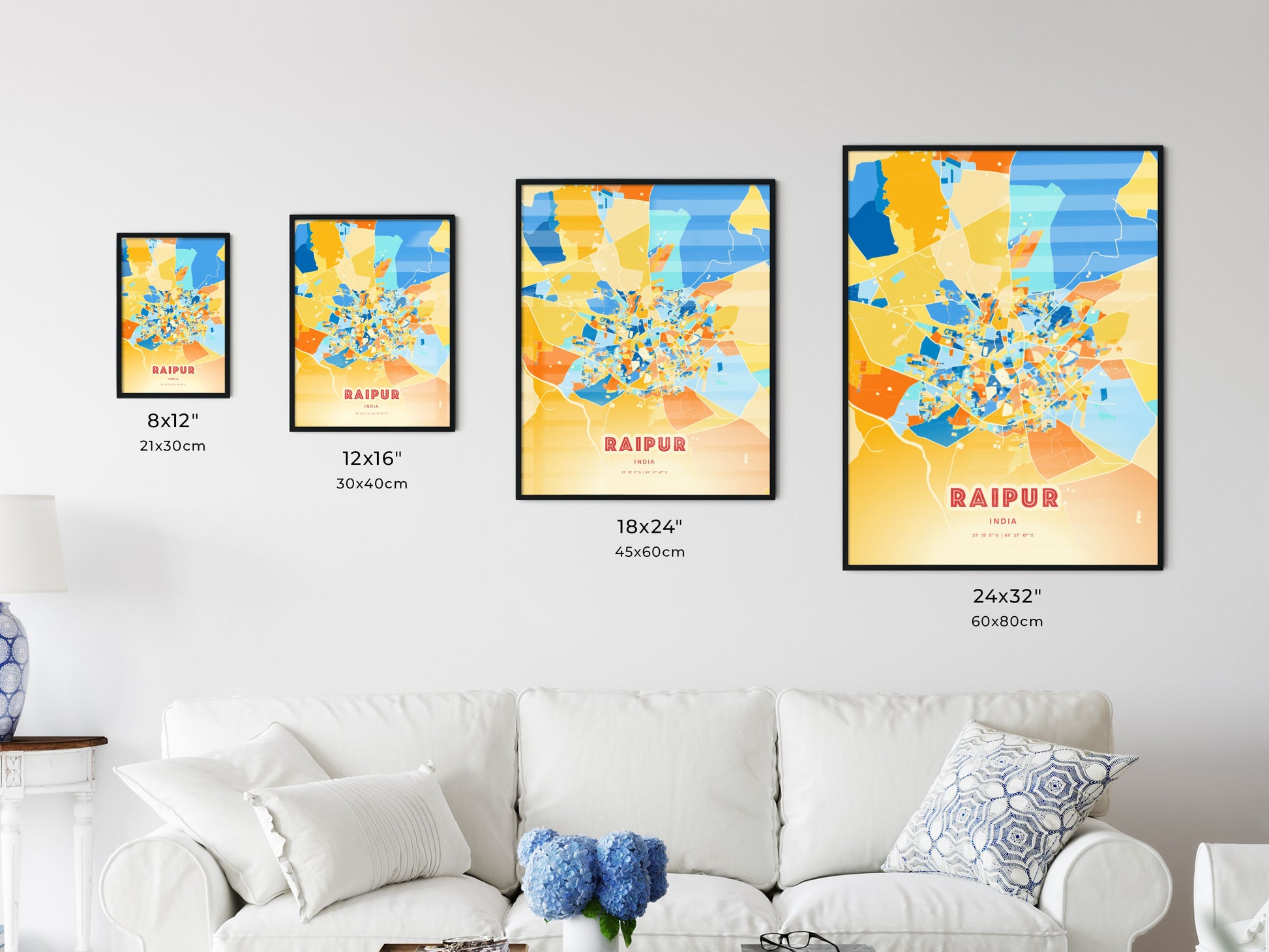 Colorful RAIPUR INDIA Fine Art Map Blue Orange