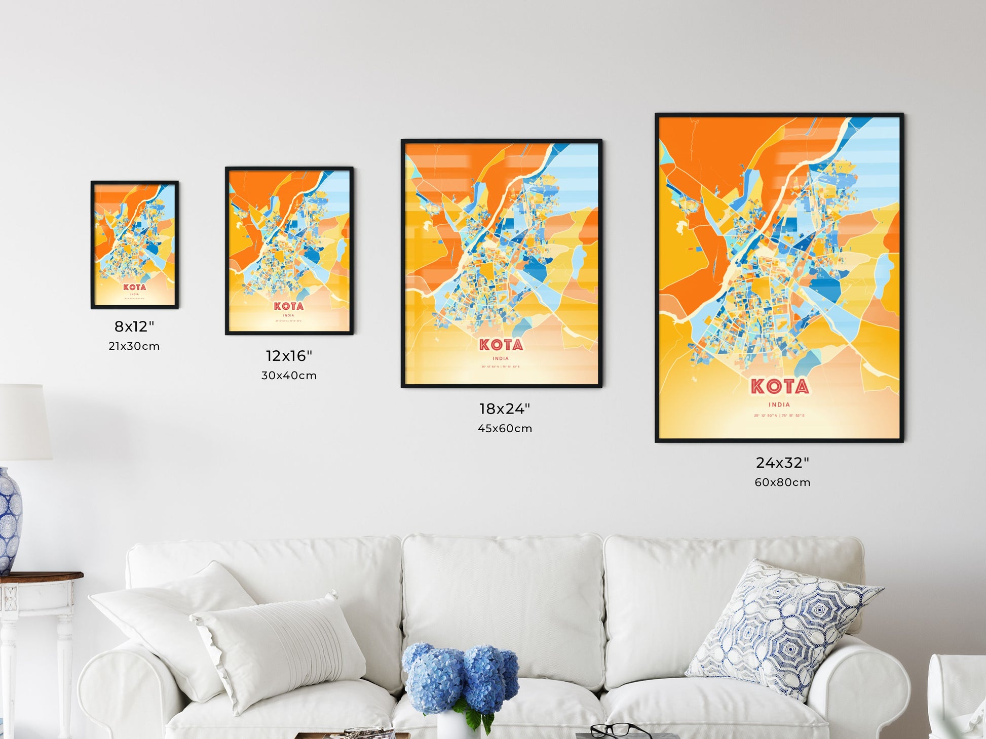 Colorful KOTA INDIA Fine Art Map Blue Orange