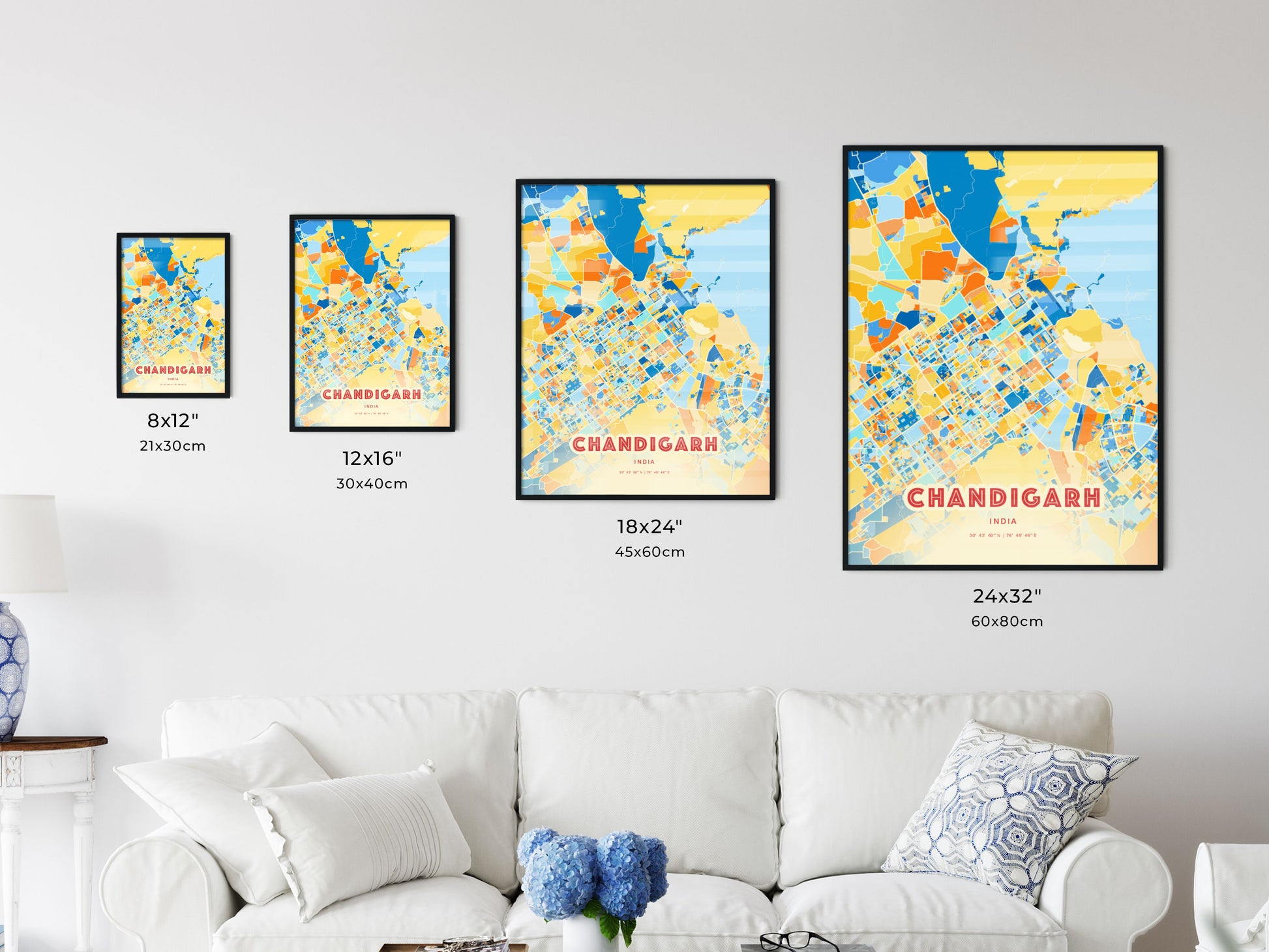 Colorful CHANDIGARH INDIA Fine Art Map Blue Orange