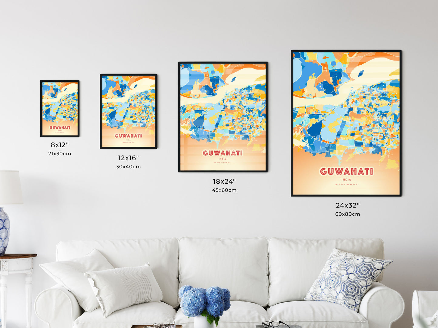 Colorful GUWAHATI INDIA Fine Art Map Blue Orange