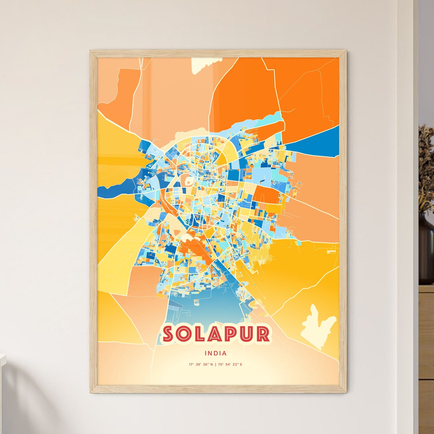 Colorful SOLAPUR INDIA Fine Art Map Blue Orange