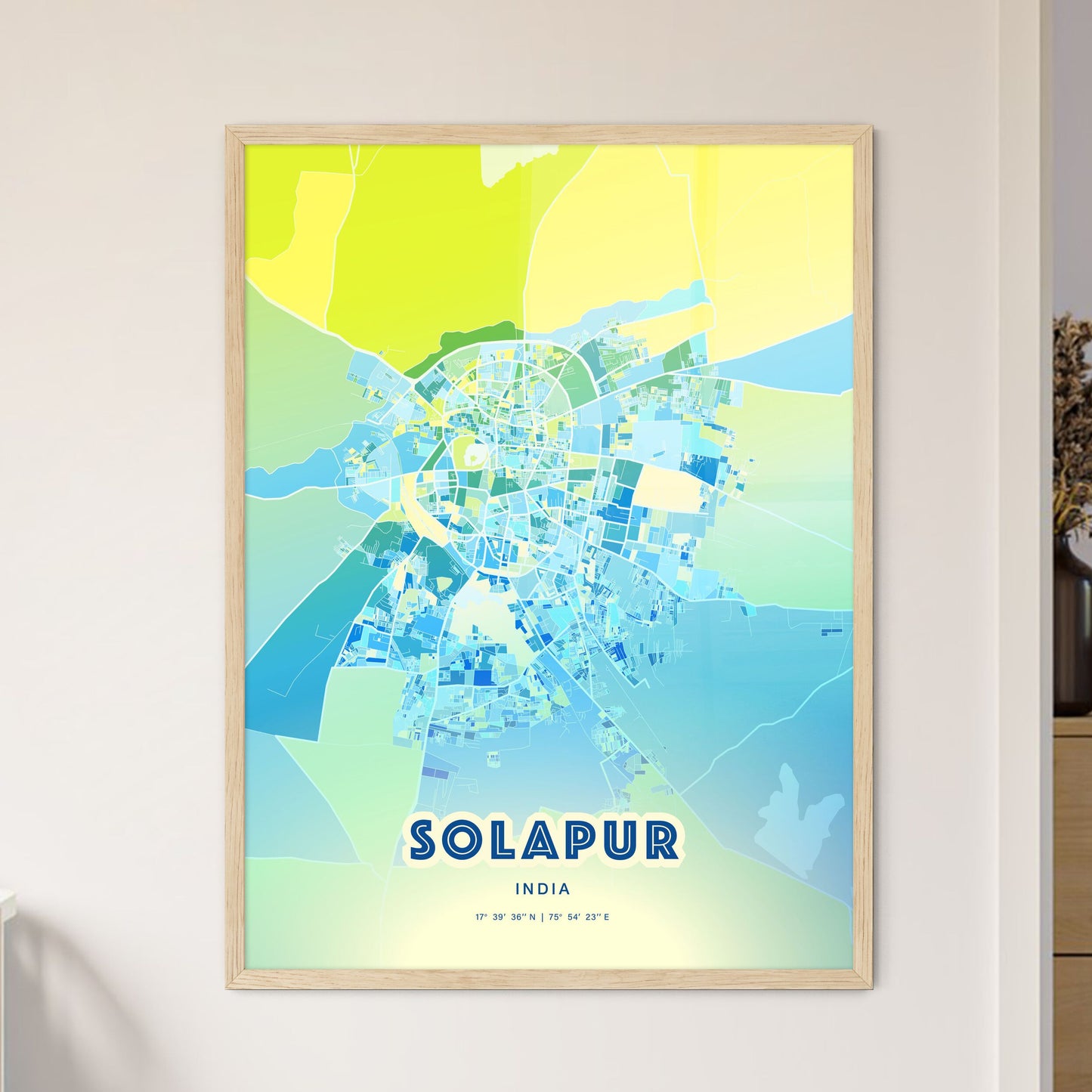 Colorful SOLAPUR INDIA Fine Art Map Cool Blue