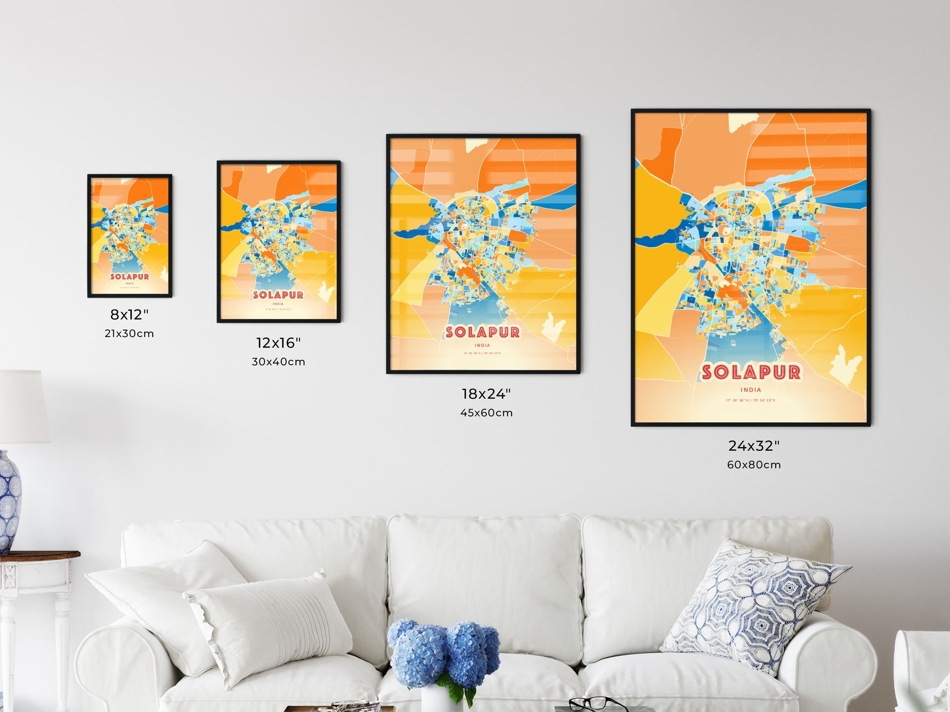 Colorful SOLAPUR INDIA Fine Art Map Blue Orange