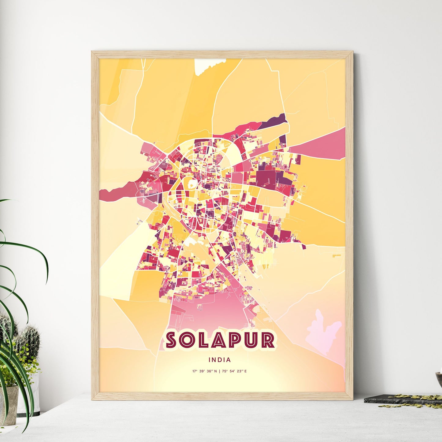 Colorful SOLAPUR INDIA Fine Art Map Hot Red