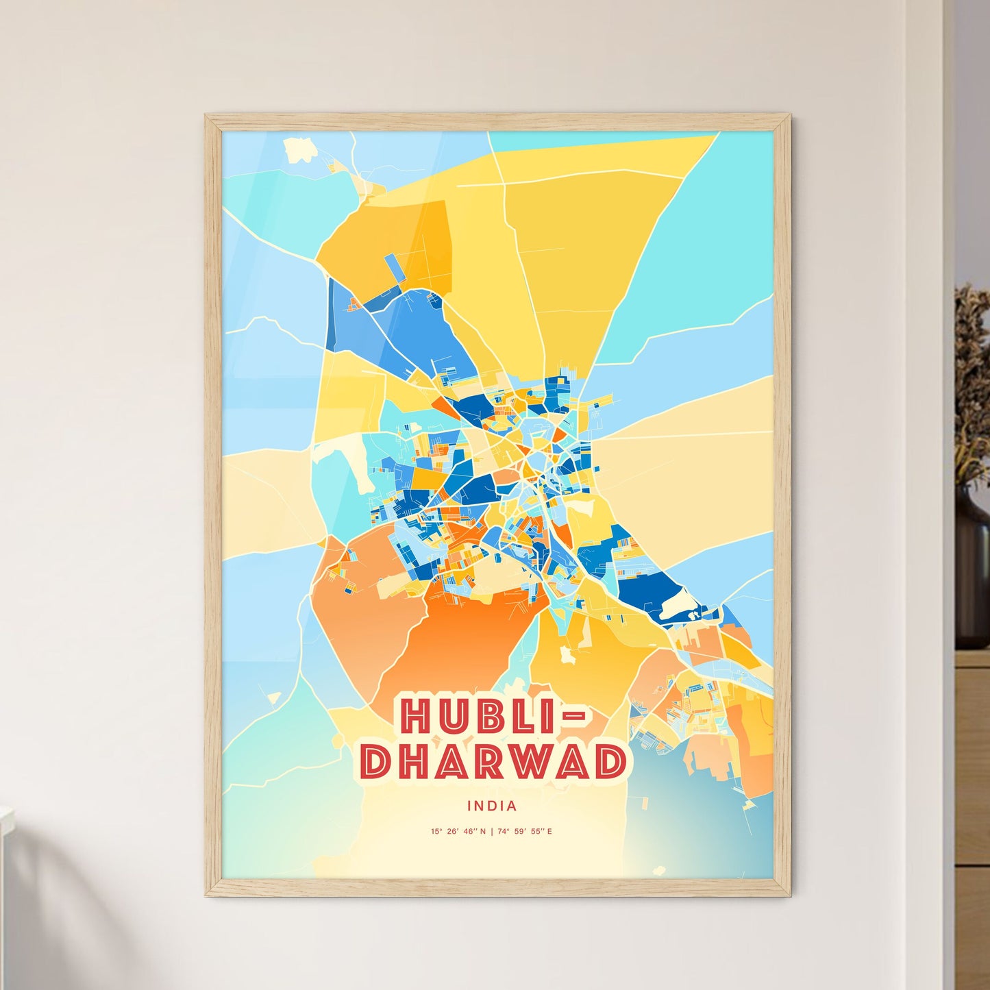 Colorful HUBLI–DHARWAD INDIA Fine Art Map Blue Orange