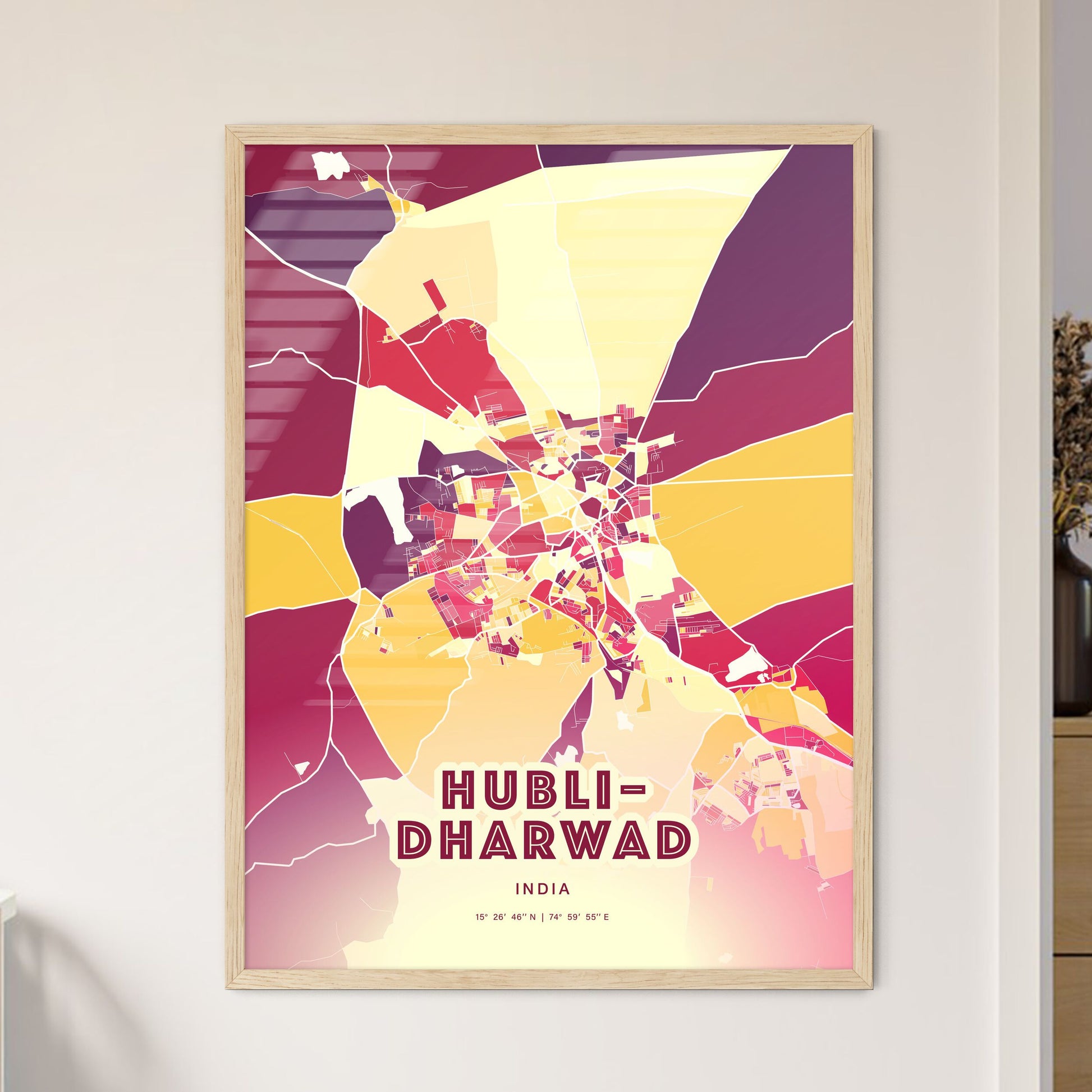 Colorful HUBLI–DHARWAD INDIA Fine Art Map Hot Red