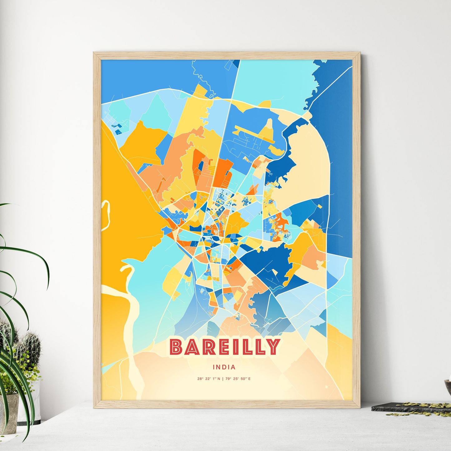 Colorful BAREILLY INDIA Fine Art Map Blue Orange