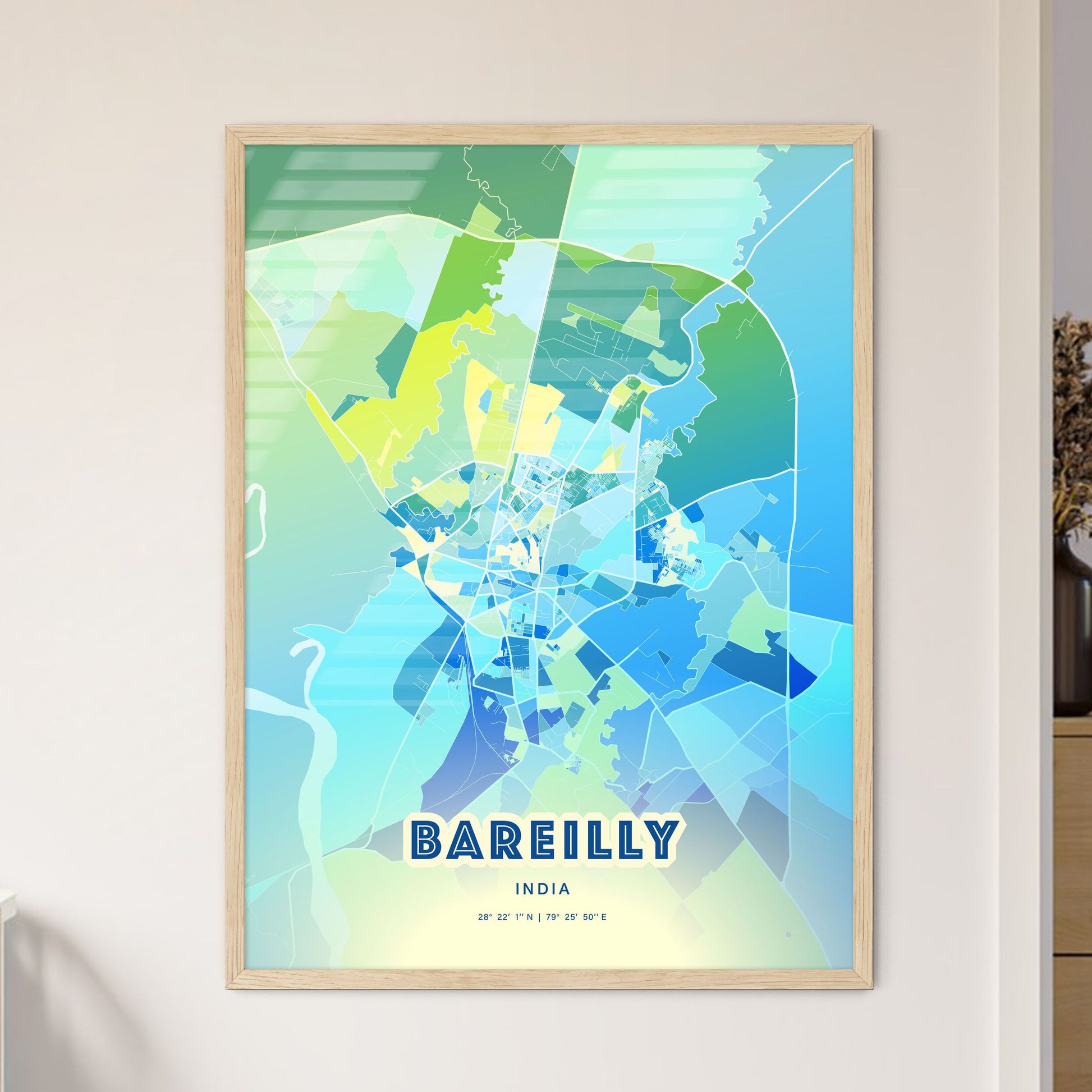 Colorful BAREILLY INDIA Fine Art Map Cool Blue