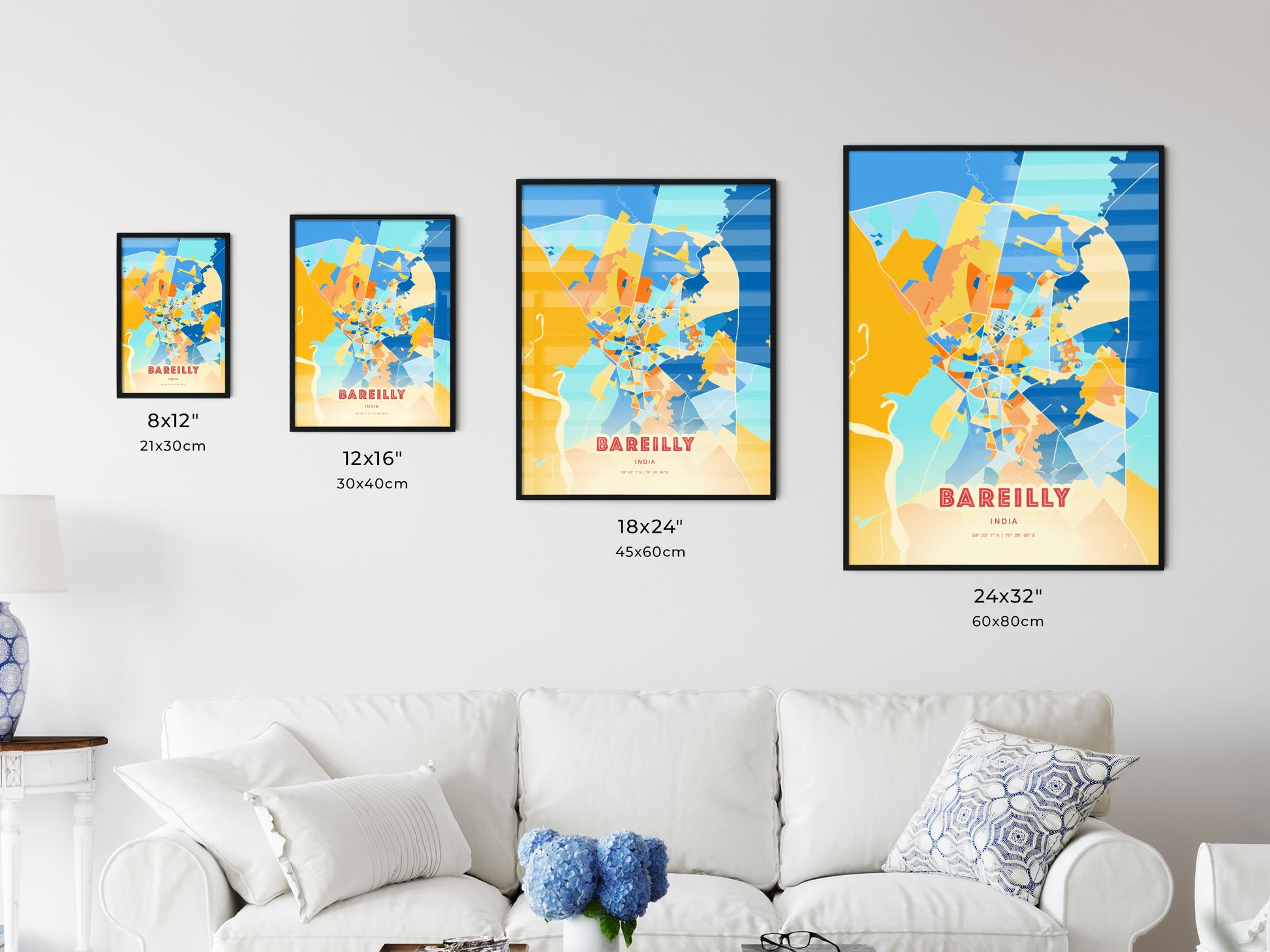 Colorful BAREILLY INDIA Fine Art Map Blue Orange