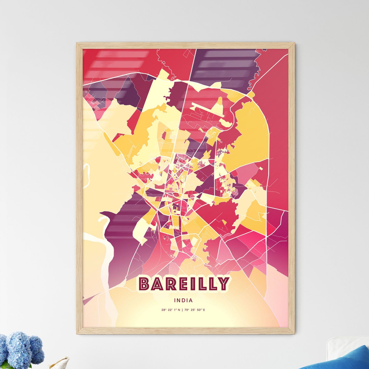 Colorful BAREILLY INDIA Fine Art Map Hot Red